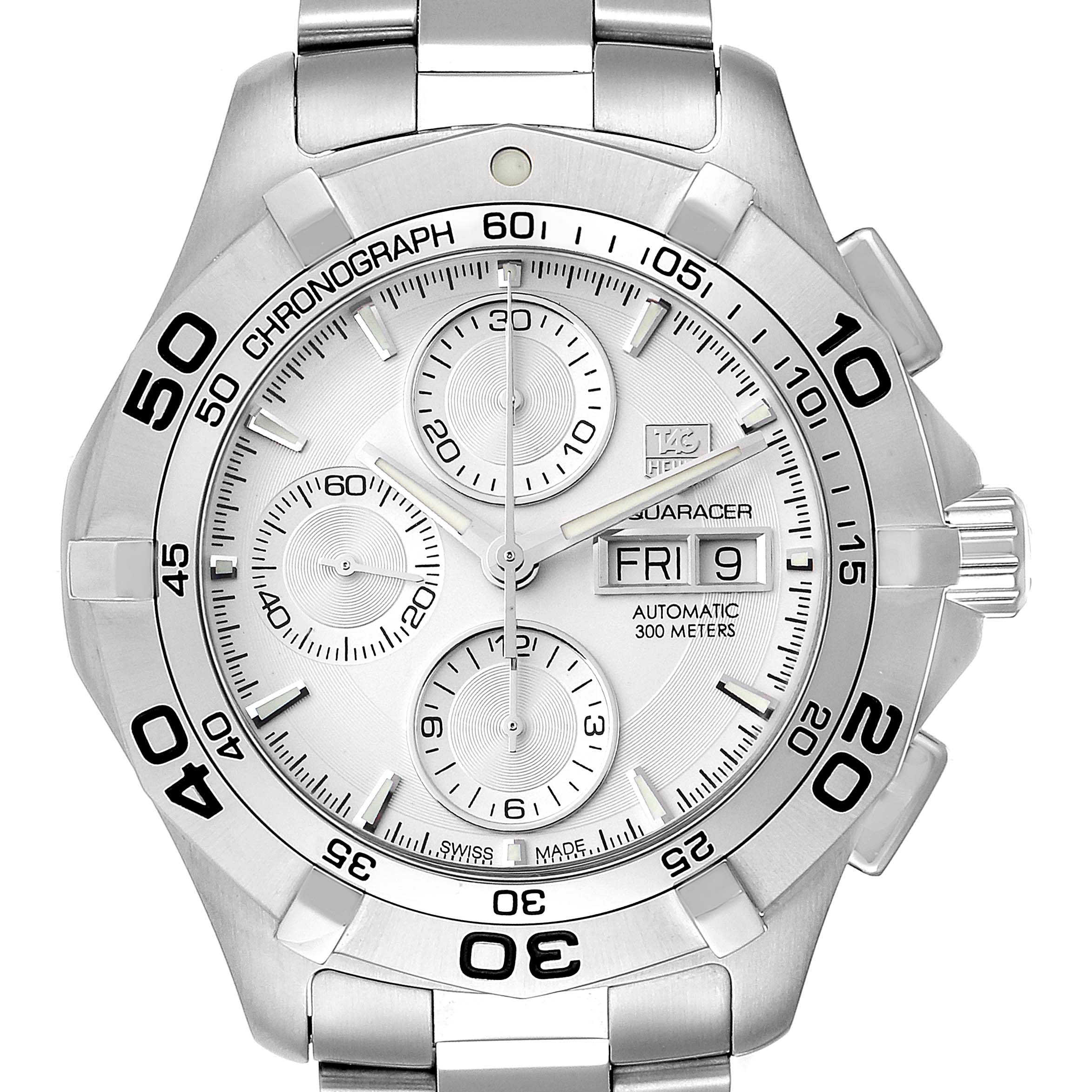 The image shows a front view of the Tag Heuer Aquaracer CAF2011.BA0815 Men's Stainless Steel Silver Dial CAF2011.BA0815 Men's Stainless Steel Silver Dial watch, highlighting its chronograph, date display, and stainless steel bracelet.