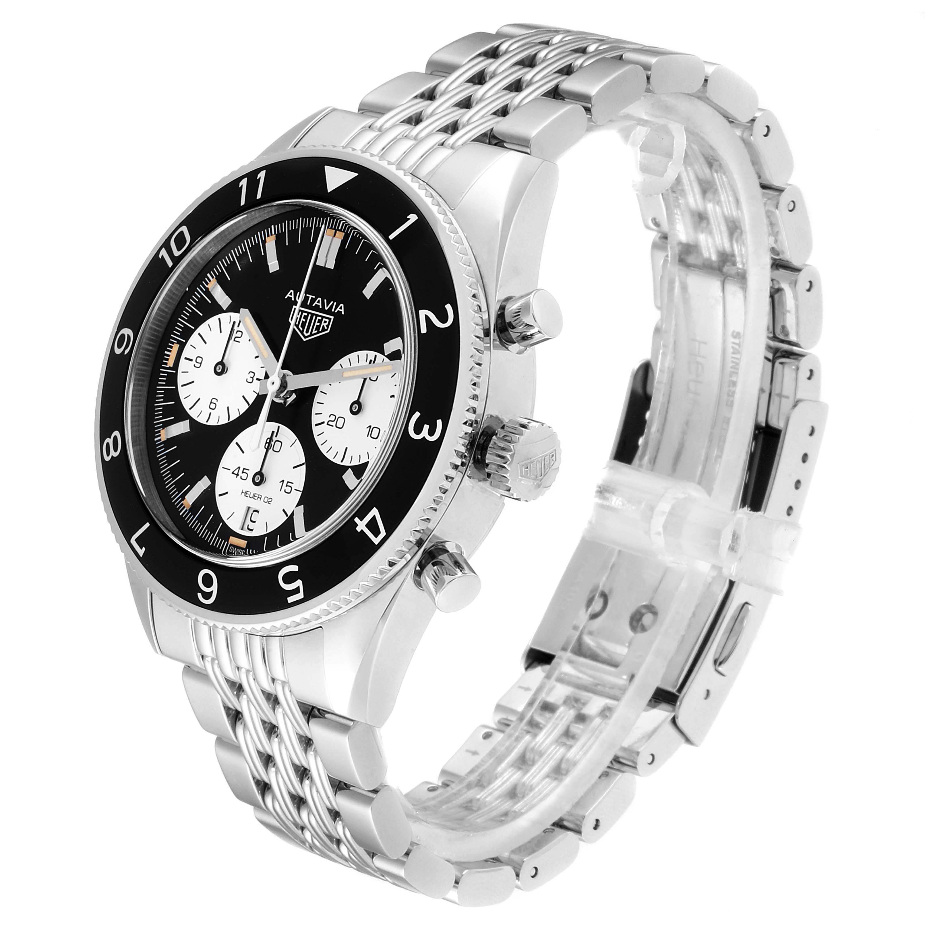 The image shows a side-angle view of the Tag Heuer Autavia CBE2110.BA0687 Men's Stainless Steel Black Dial CBE2110.BA0687 Men's Stainless Steel Black Dial watch, highlighting its face, bezel, crown, pushers, and metal bracelet.