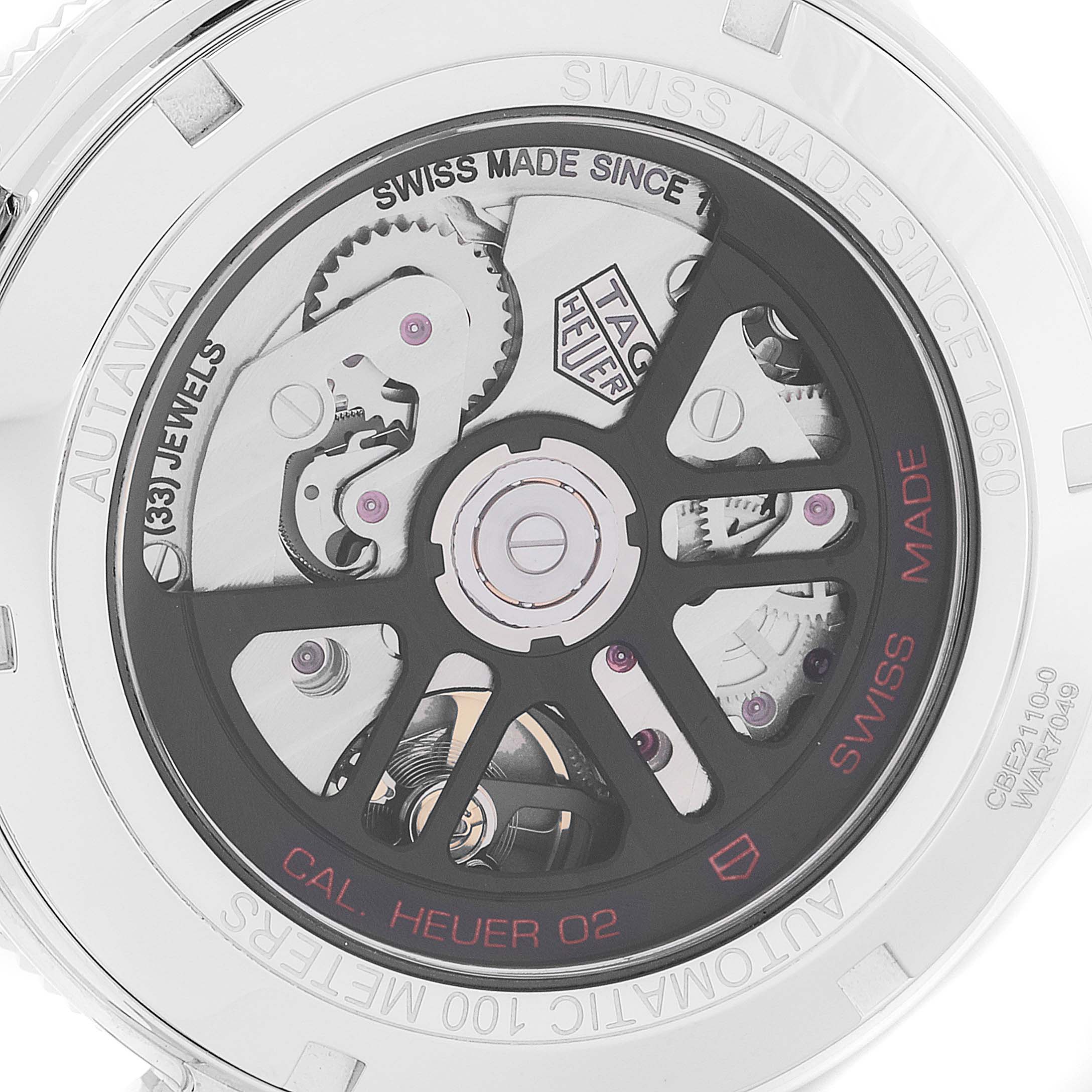 The image shows the back of a Tag Heuer Autavia CBE2110.BA0687 Men's Stainless Steel Black Dial CBE2110.BA0687 Men's Stainless Steel Black Dial watch, highlighting its movement and internal mechanics.