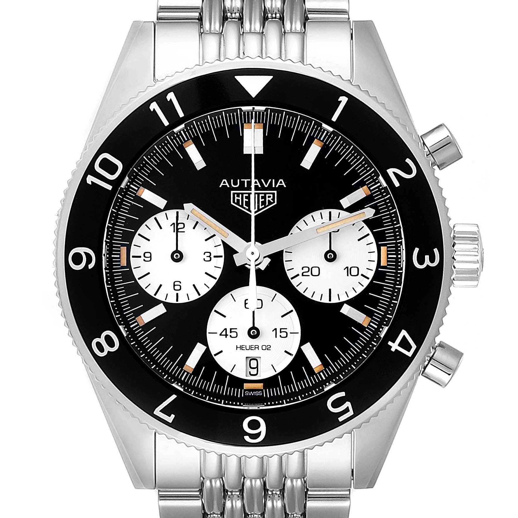 The image shows a top-down view of a Tag Heuer Autavia CBE2110.BA0687 Men's Stainless Steel Black Dial CBE2110.BA0687 Men's Stainless Steel Black Dial watch, highlighting the dial, bezel, and part of the band.