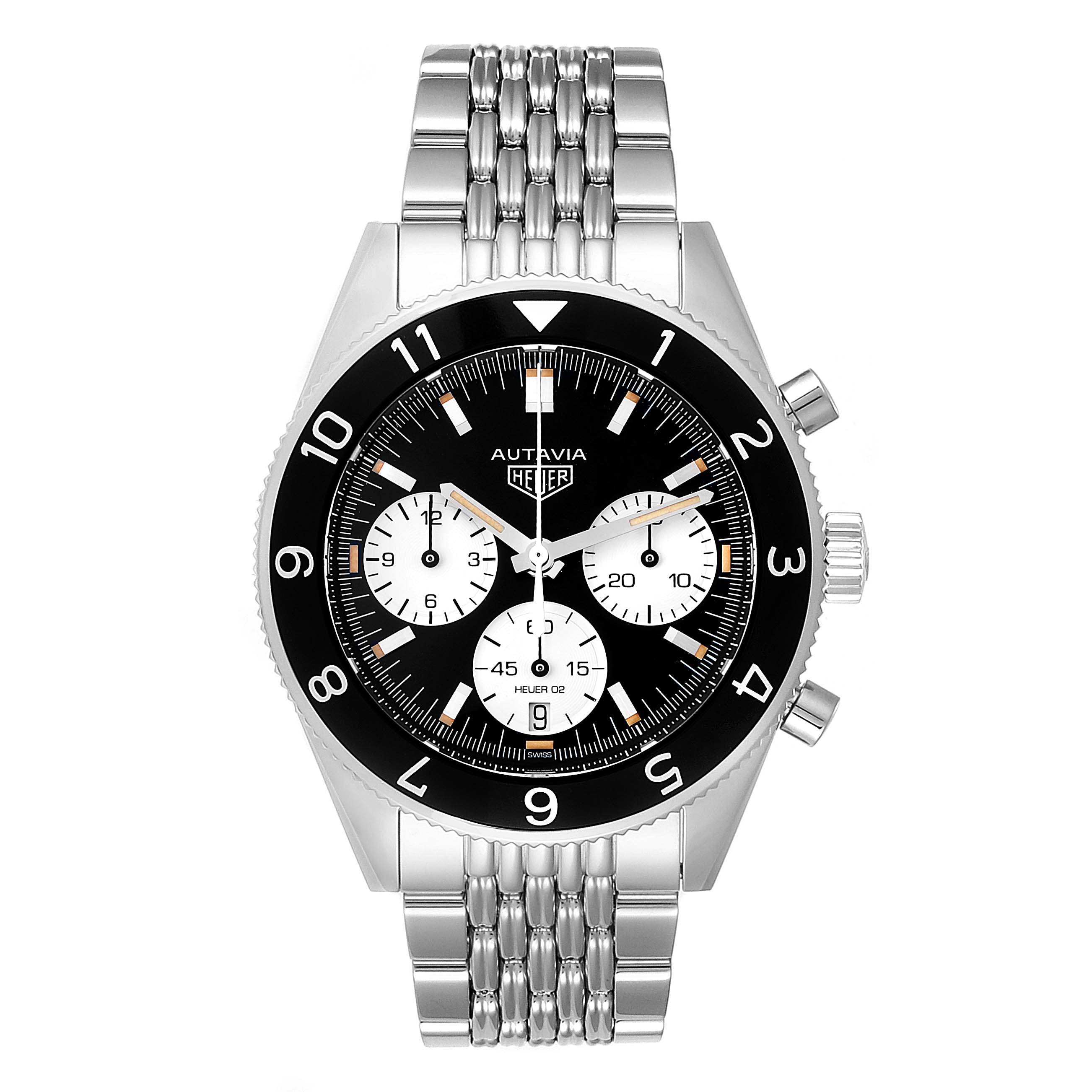 The image shows a front view of a Tag Heuer Autavia CBE2110.BA0687 Men's Stainless Steel Black Dial CBE2110.BA0687 Men's Stainless Steel Black Dial watch, displaying its dial, bezel, and bracelet.
