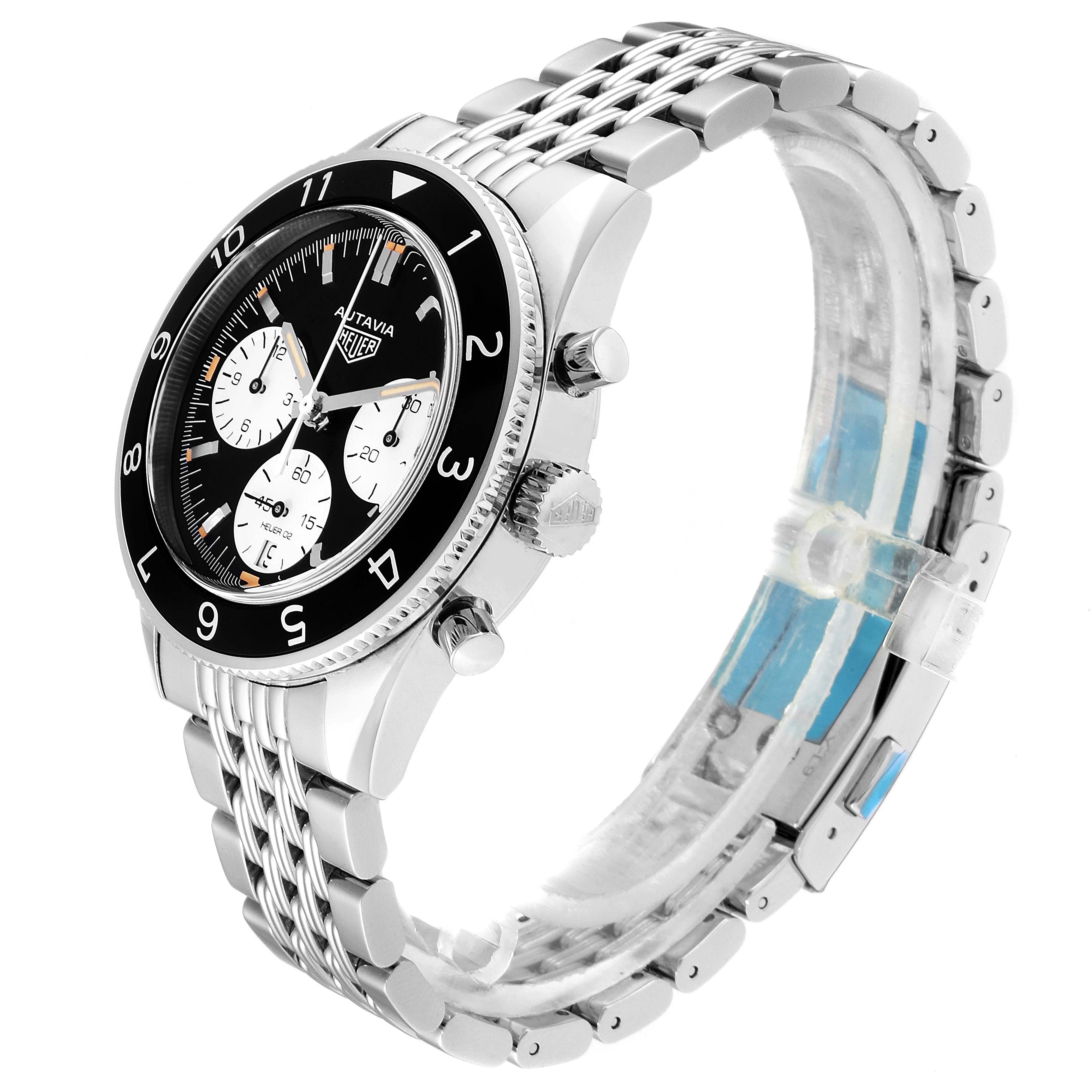 The image shows an angled side view of a Tag Heuer Autavia CBE2110.BA0687 Men's Stainless Steel Black Dial CBE2110.BA0687 Men's Stainless Steel Black Dial watch, displaying its face, bezel, pushers, and metal bracelet.