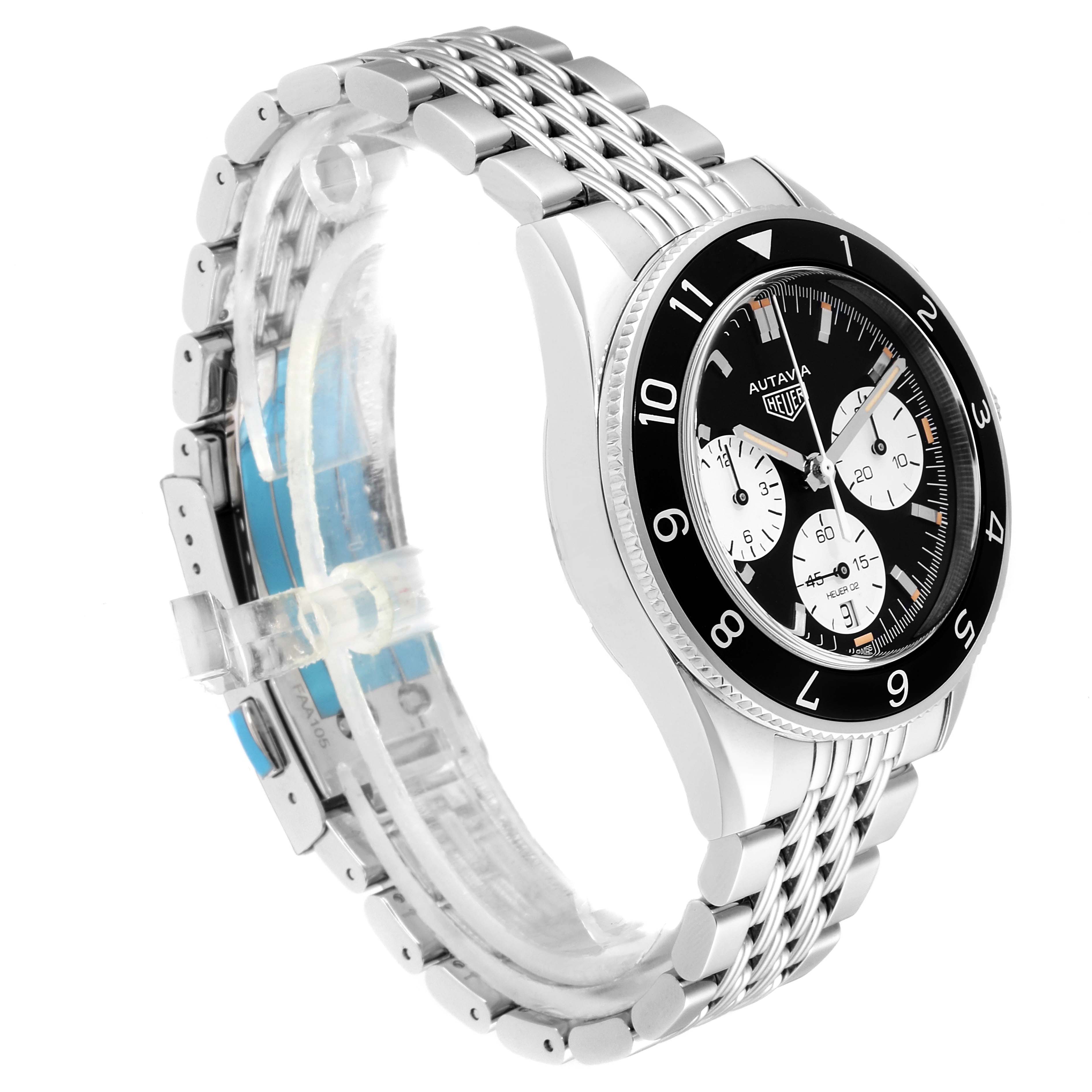 The image shows a side view of the Tag Heuer Autavia CBE2110.BA0687 Men's Stainless Steel Black Dial CBE2110.BA0687 Men's Stainless Steel Black Dial watch, highlighting its stainless steel bracelet and black bezel.