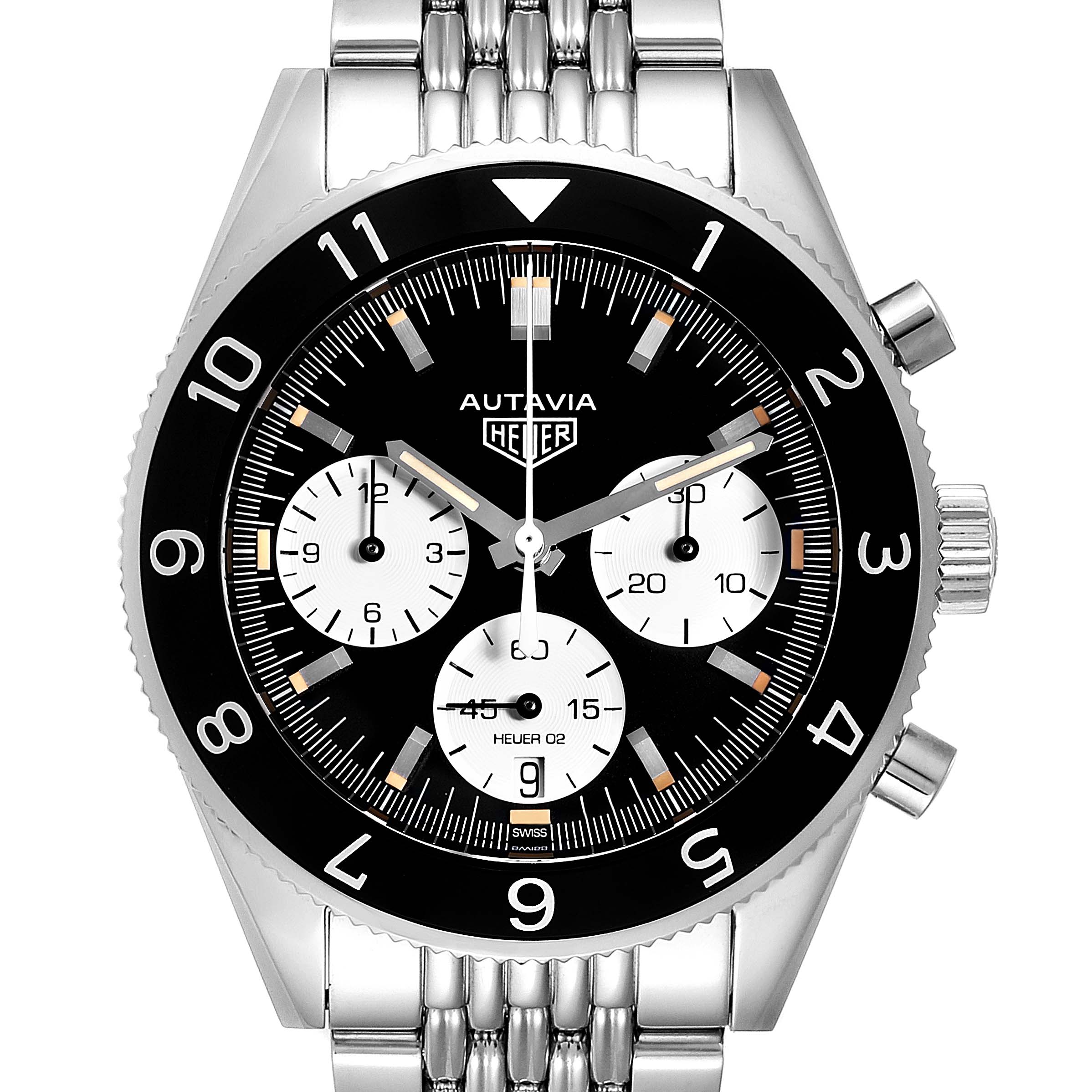 This image shows the front view of the Tag Heuer Autavia CBE2110.BA0687 Men's Stainless Steel Black Dial CBE2110.BA0687 Men's Stainless Steel Black Dial watch, highlighting its dial, bezel, and crown.