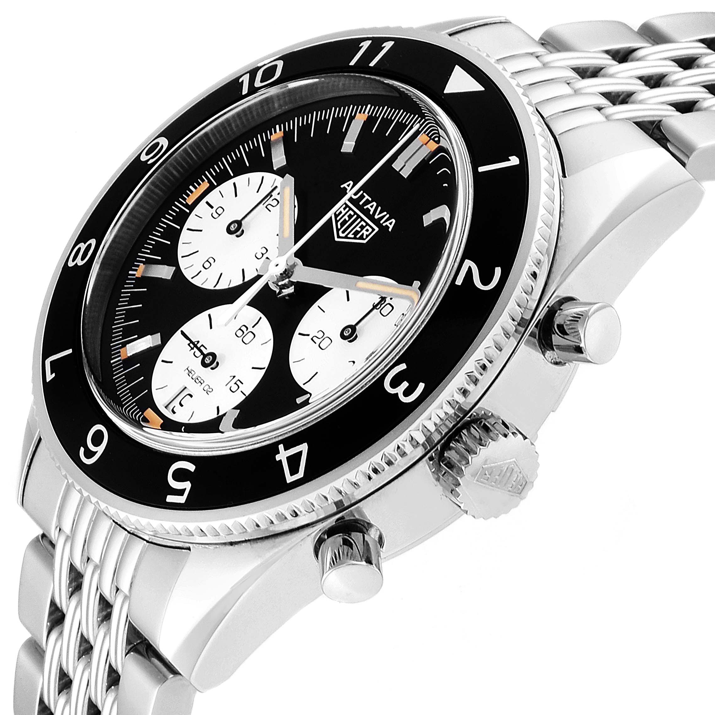 The image shows a side angle of the Tag Heuer Autavia CBE2110.BA0687 Men's Stainless Steel Black Dial CBE2110.BA0687 Men's Stainless Steel Black Dial watch highlighting the face, bezel, crown, pushers, and part of the bracelet.