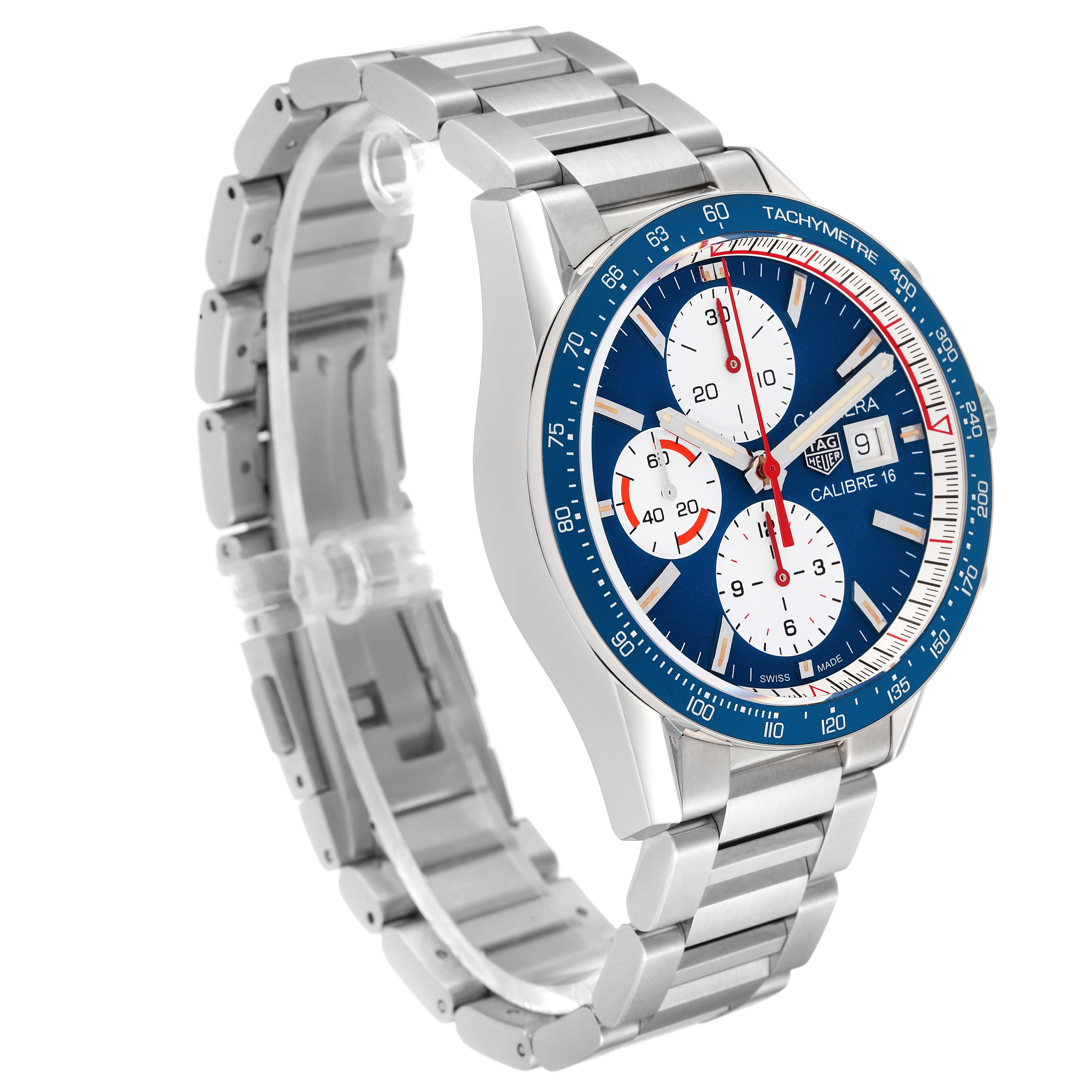 The image shows a Tag Heuer Carrera CV201AR.BA0715 Men's Stainless Steel Blue Dial CV201AR.BA0715 Men's Stainless Steel Blue Dial watch at a slight angle, highlighting its face, stainless steel bracelet, and tachymeter bezel.