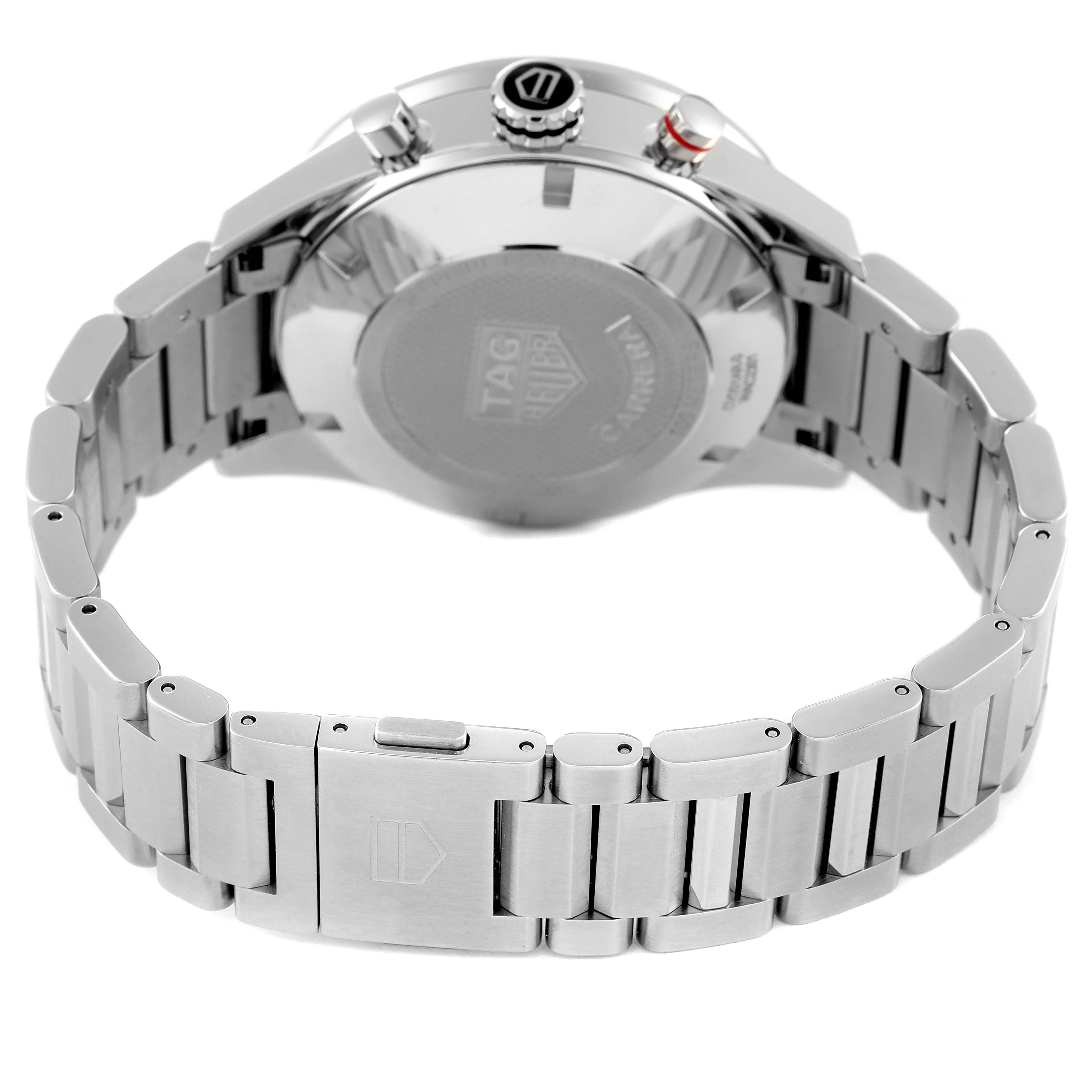 This image shows the back view of a Tag Heuer Carrera CV201AR.BA0715 Men's Stainless Steel Blue Dial CV201AR.BA0715 Men's Stainless Steel Blue Dial watch, primarily highlighting the case back and stainless steel bracelet.