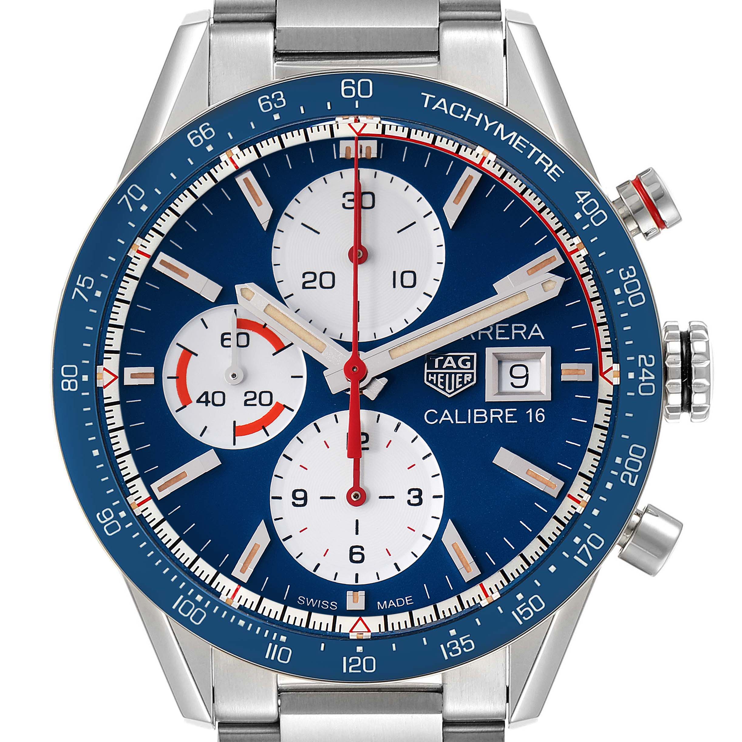 The image shows a front view of a Tag Heuer Carrera CV201AR.BA0715 Men's Stainless Steel Blue Dial CV201AR.BA0715 Men's Stainless Steel Blue Dial watch with a blue dial and three sub-dials.