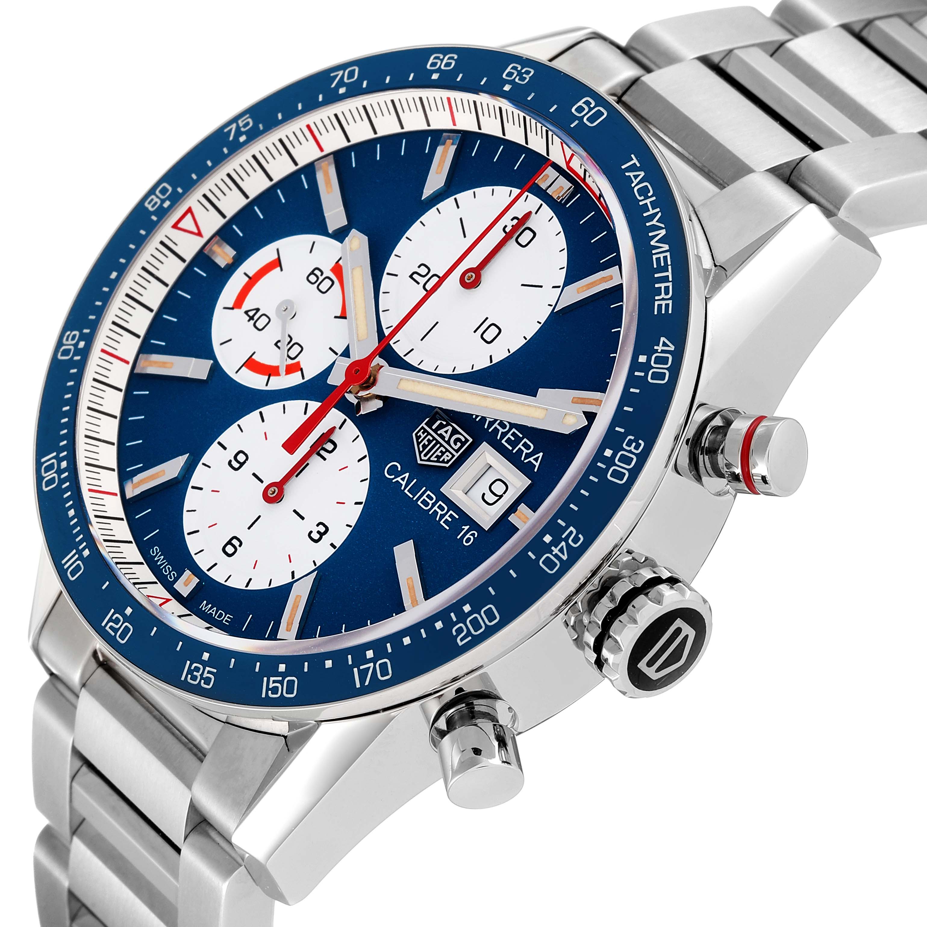 The image shows a close-up angled view of the face and side, including the bezel, crown, and pushers of the Tag Heuer Carrera CV201AR.BA0715 Men's Stainless Steel Blue Dial CV201AR.BA0715 Men's Stainless Steel Blue Dial watch.