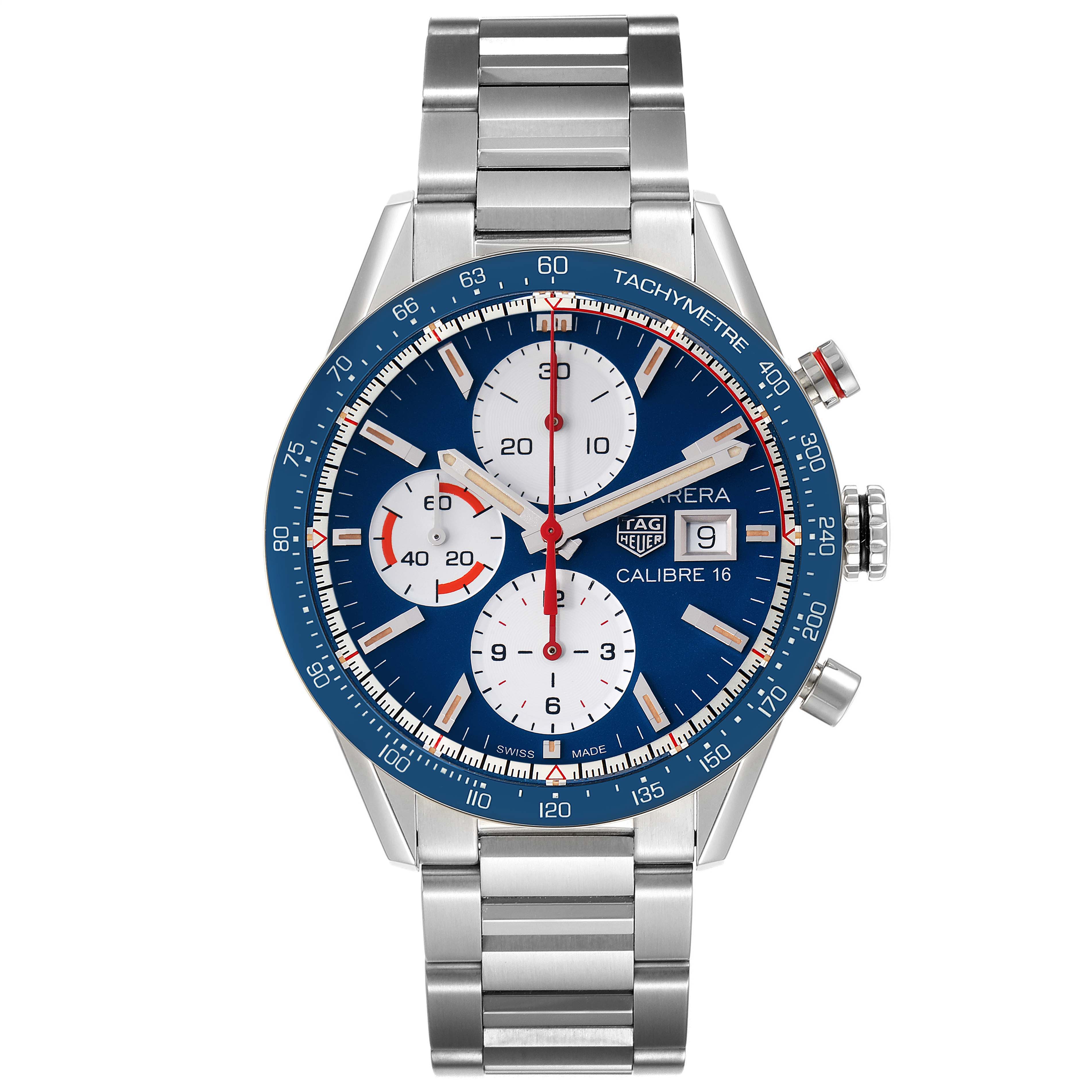 The Tag Heuer Carrera CV201AR.BA0715 Men's Stainless Steel Blue Dial CV201AR.BA0715 Men's Stainless Steel Blue Dial model watch is shown from the front, displaying the face, bezel, and bracelet.