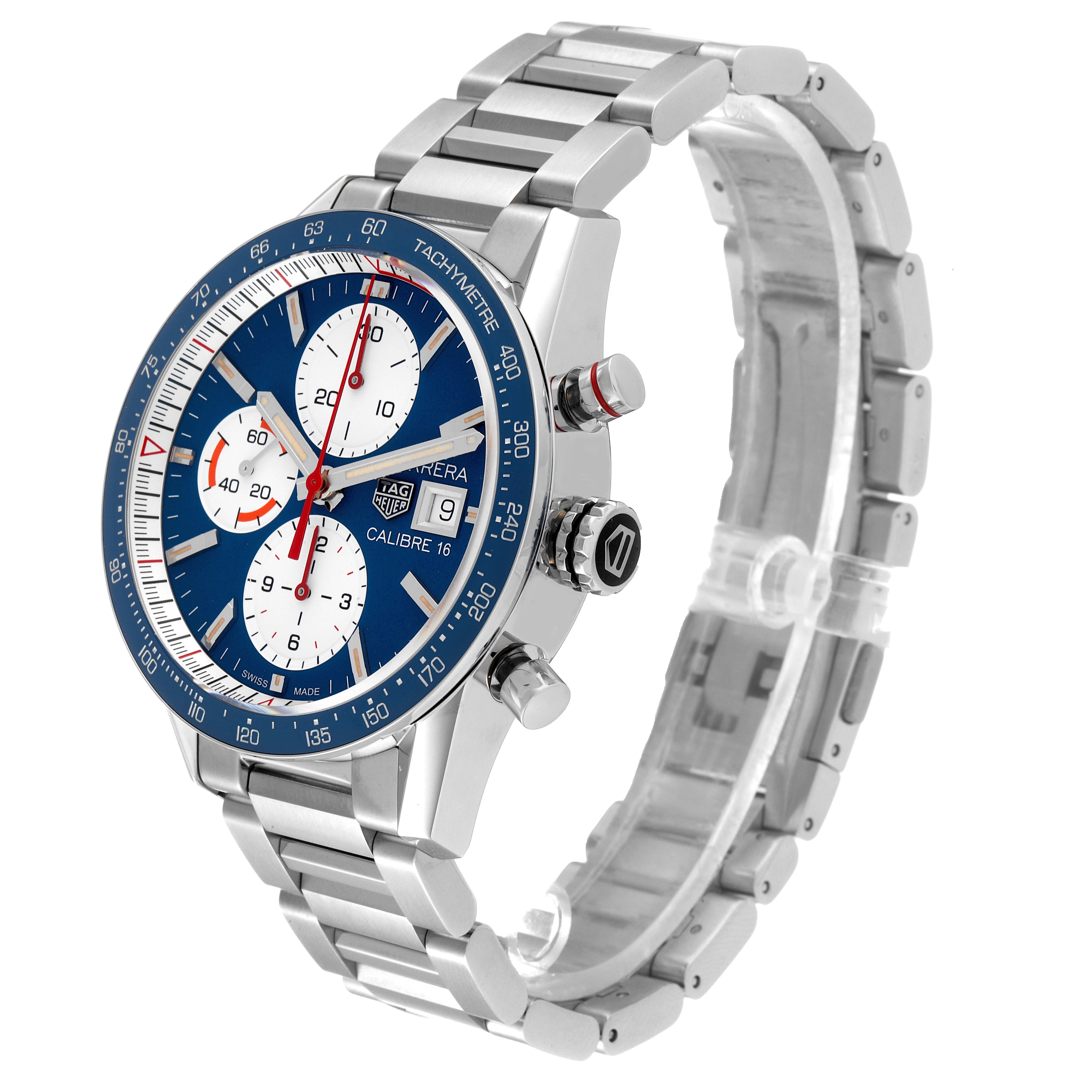 This image shows a Tag Heuer Carrera CV201AR.BA0715 Men's Stainless Steel Blue Dial CV201AR.BA0715 Men's Stainless Steel Blue Dial watch from an angled side view, displaying its dial, crown, pushers, and metal bracelet.