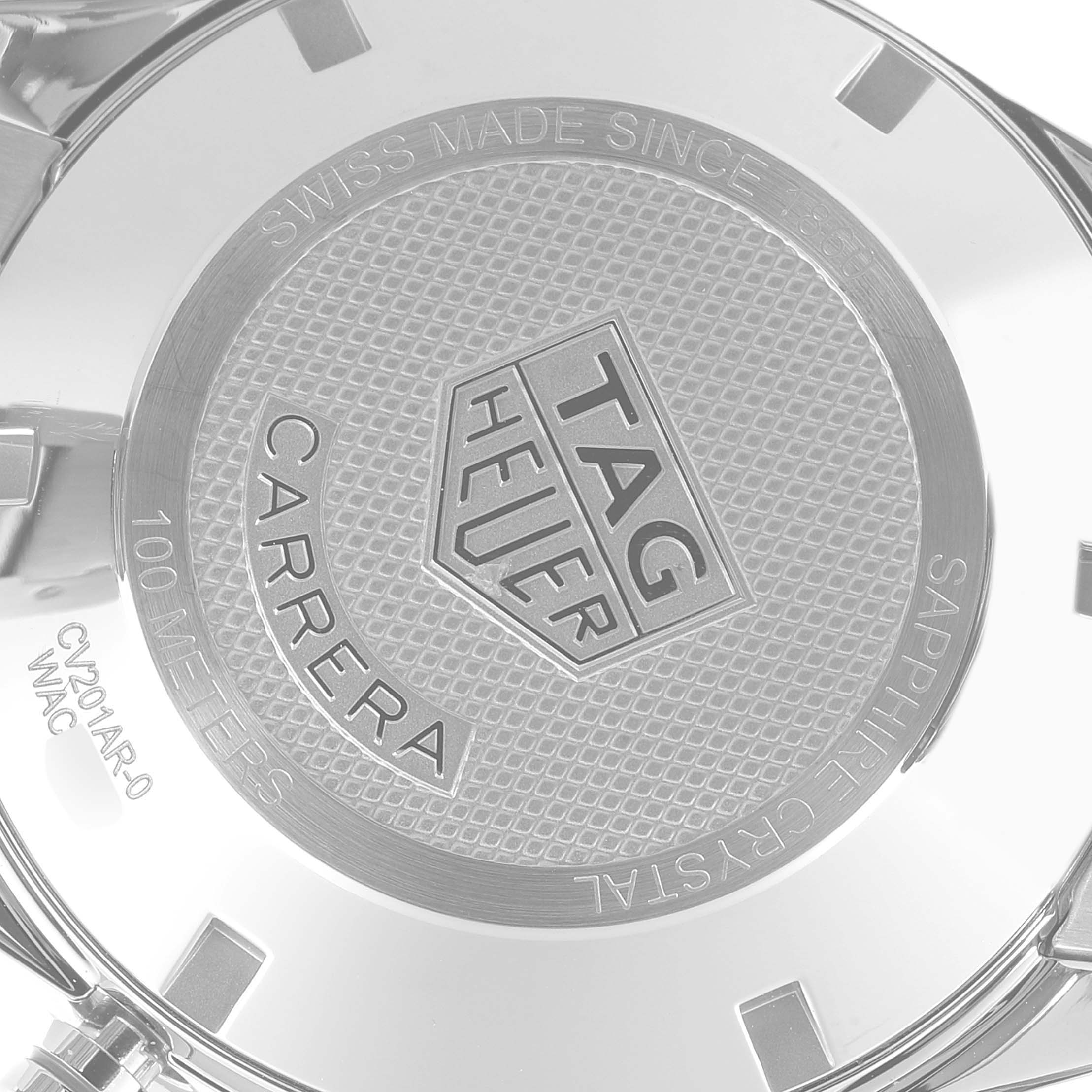 The image shows a close-up view of the case back of the Tag Heuer Carrera CV201AR.BA0715 Men's Stainless Steel Blue Dial CV201AR.BA0715 Men's Stainless Steel Blue Dial watch.