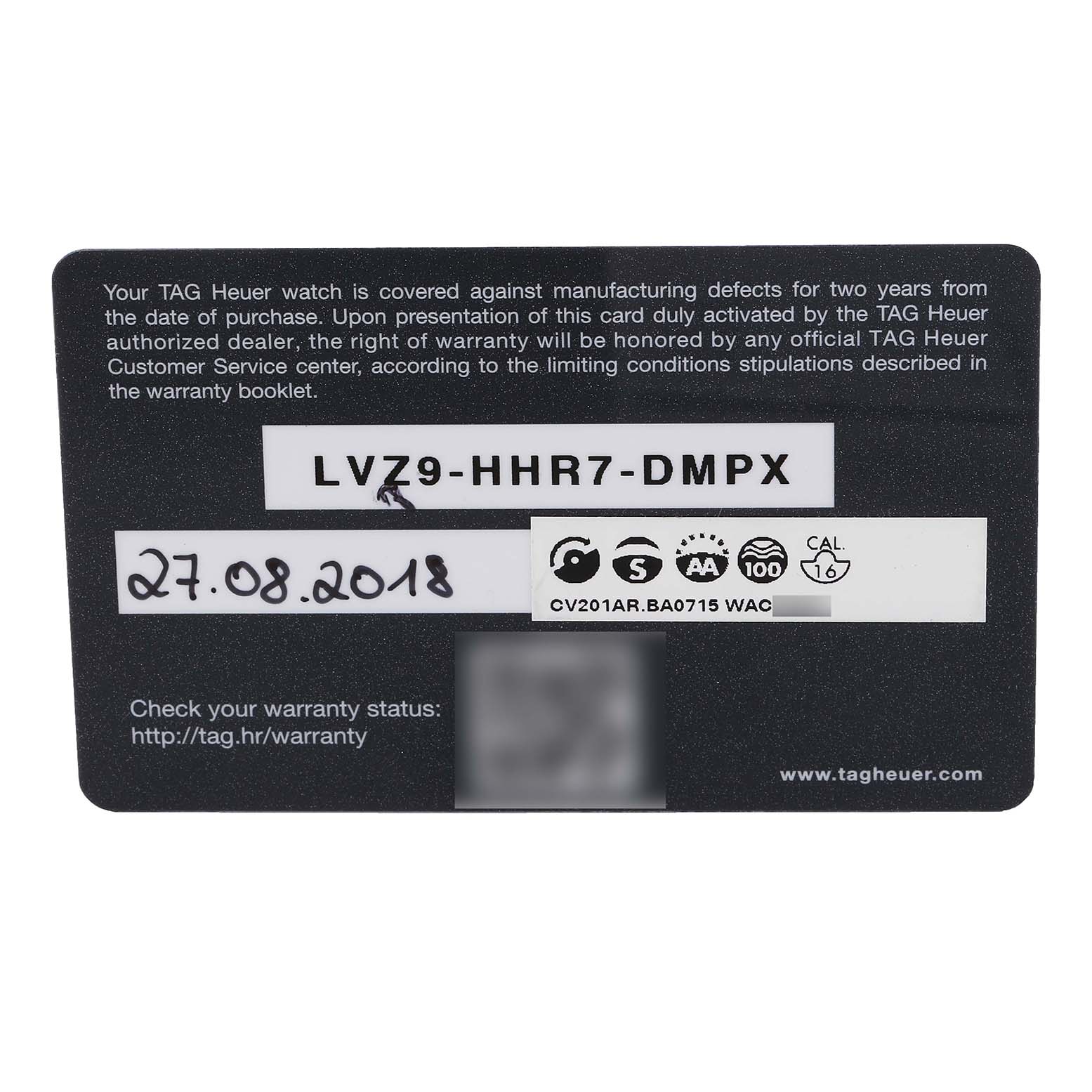 The image shows the warranty card for a Tag Heuer Carrera CV201AR.BA0715 Men's Stainless Steel Blue Dial CV201AR.BA0715 Men's Stainless Steel Blue Dial watch with the date, serial number, and warranty details visible.