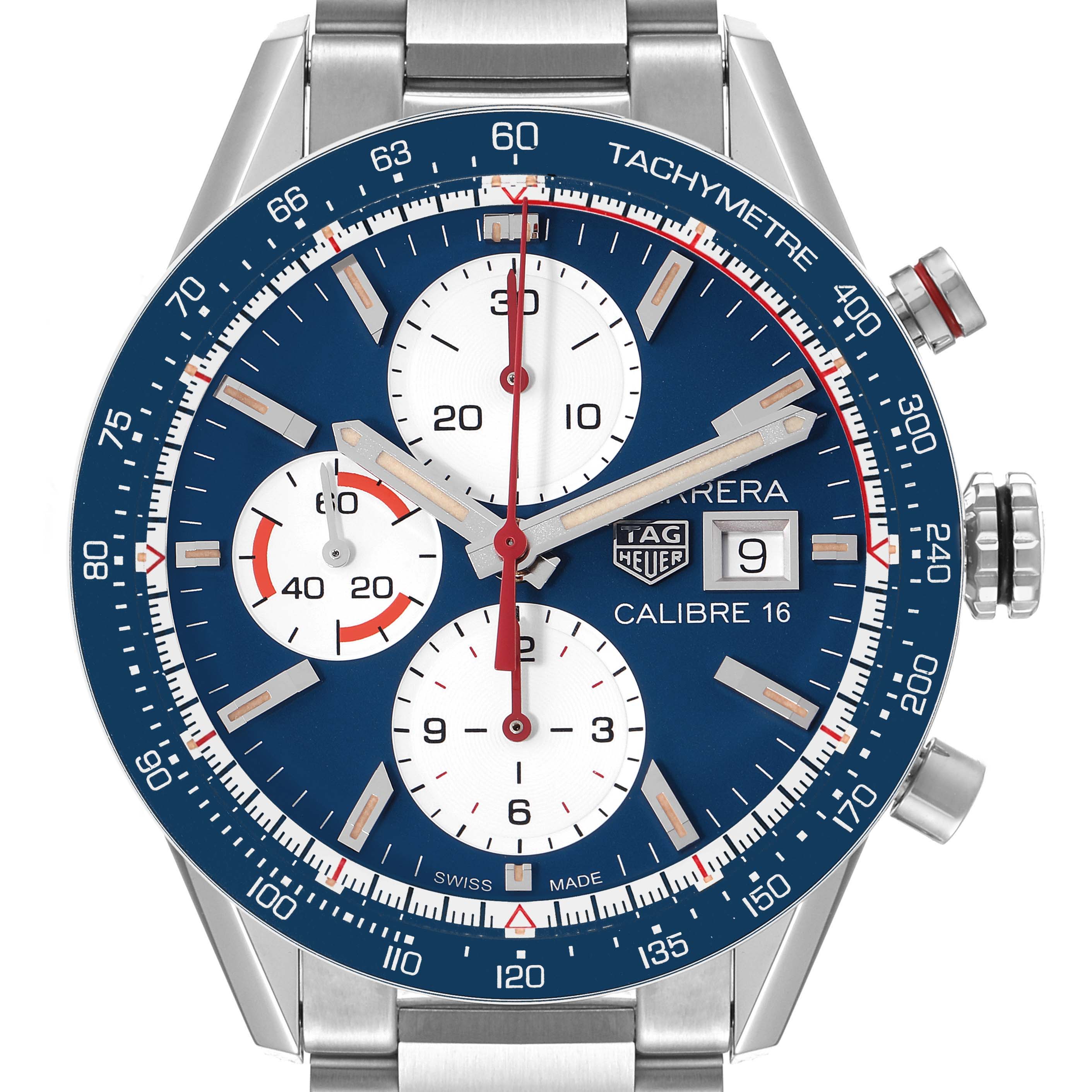The image shows a front view of the Tag Heuer Carrera CV201AR.BA0715 Men's Stainless Steel Blue Dial CV201AR.BA0715 Men's Stainless Steel Blue Dial watch, displaying its dial, subdials, and tachymeter bezel.