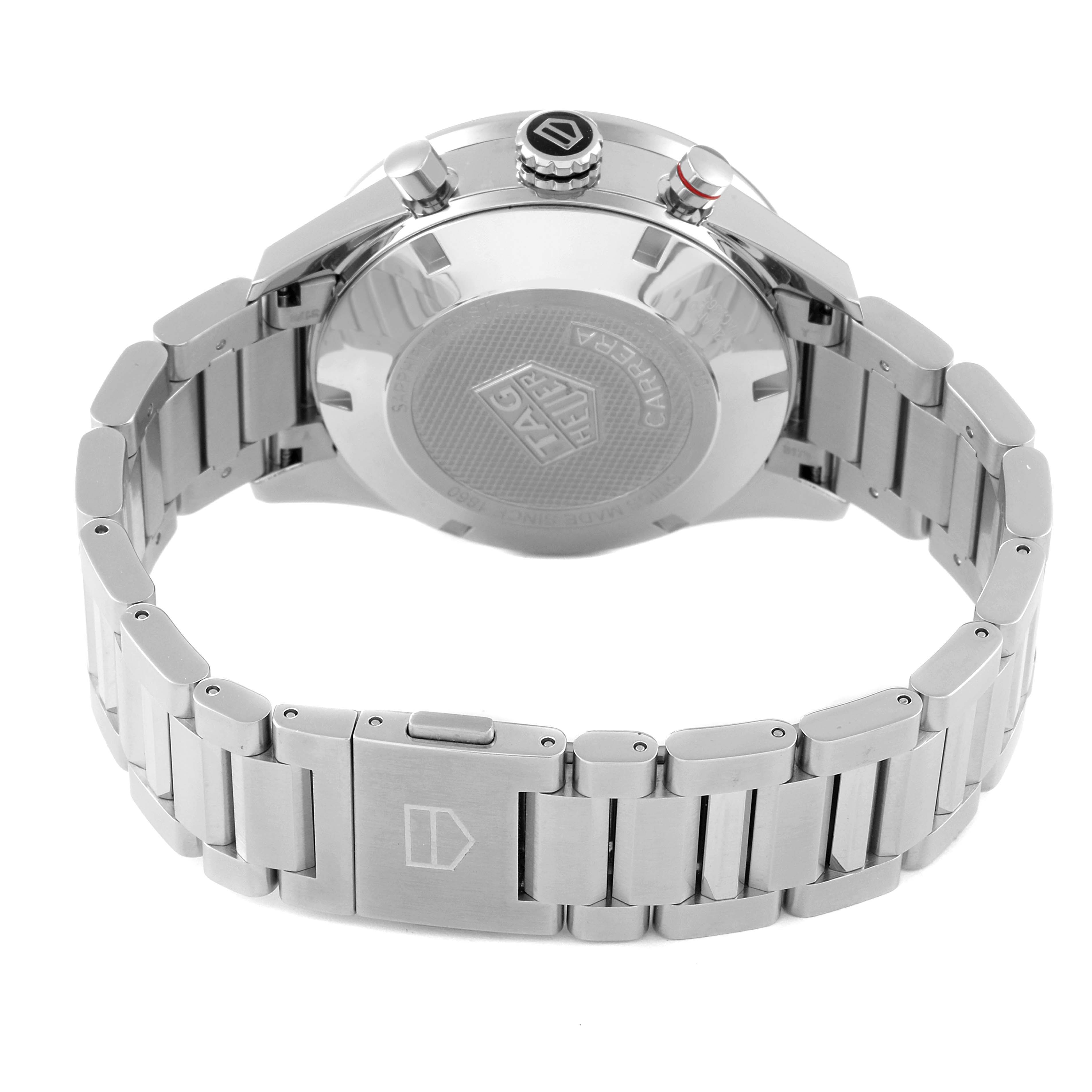 This image shows the back and bracelet of the Tag Heuer Carrera CV201AR.BA0715 Men's Stainless Steel Blue Dial CV201AR.BA0715 Men's Stainless Steel Blue Dial watch, highlighting the clasp and caseback.