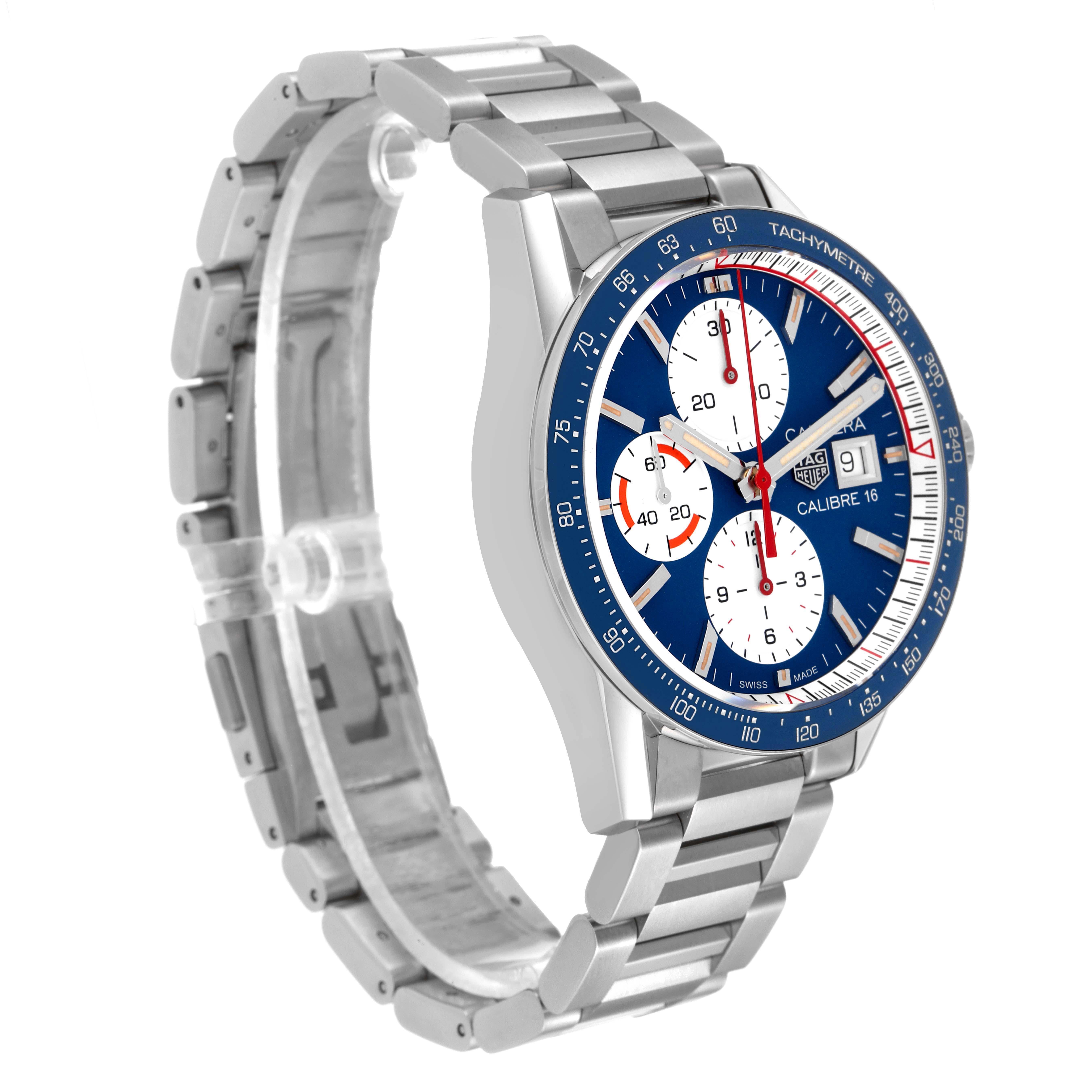 The image shows a three-quarters angle of a Tag Heuer Carrera CV201AR.BA0715 Men's Stainless Steel Blue Dial CV201AR.BA0715 Men's Stainless Steel Blue Dial watch, highlighting the dial, tachymeter bezel, and metal strap.