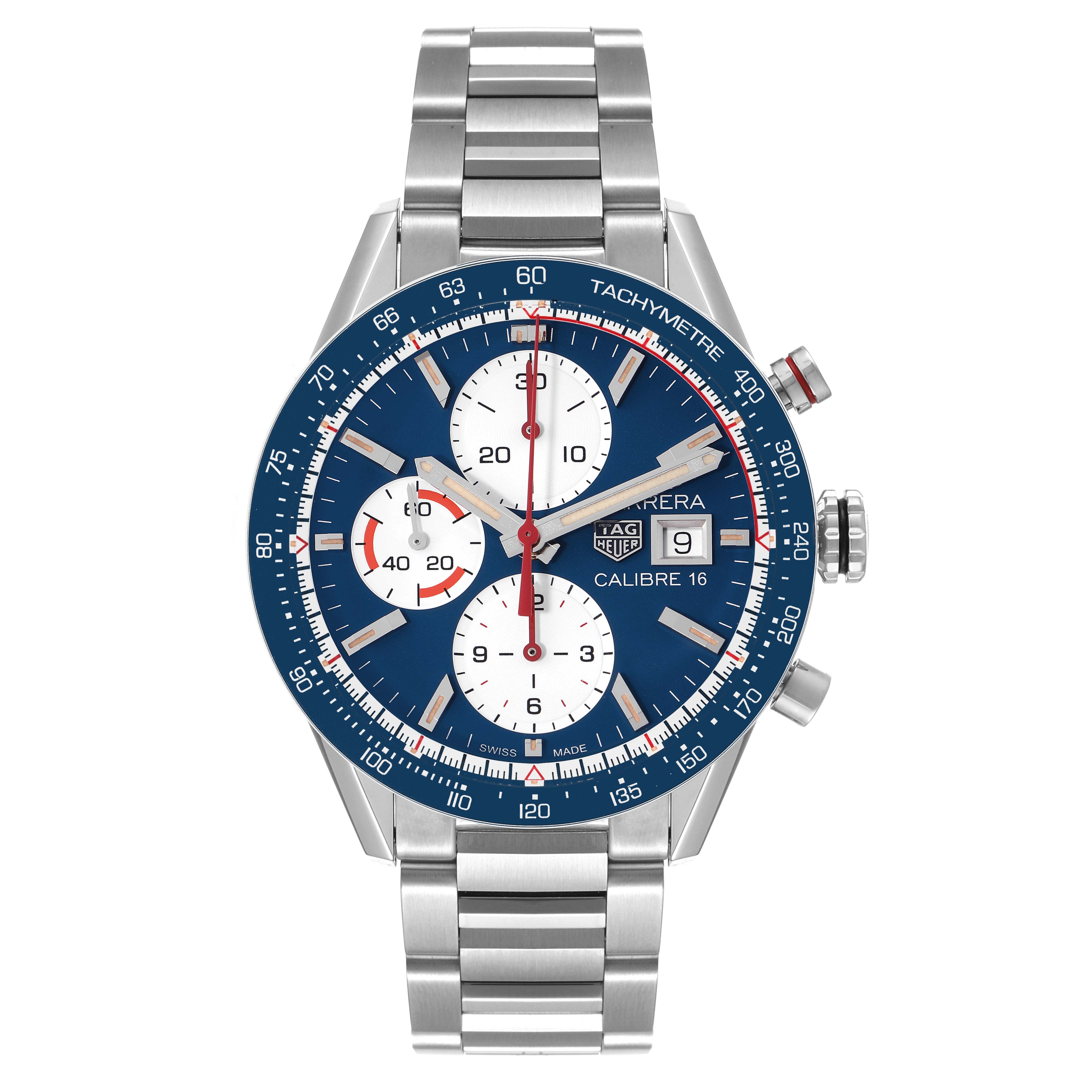The image shows a front view of a Tag Heuer Carrera CV201AR.BA0715 Men's Stainless Steel Blue Dial CV201AR.BA0715 Men's Stainless Steel Blue Dial watch, displaying its blue dial, three sub-dials, tachymeter, and stainless steel bracelet.