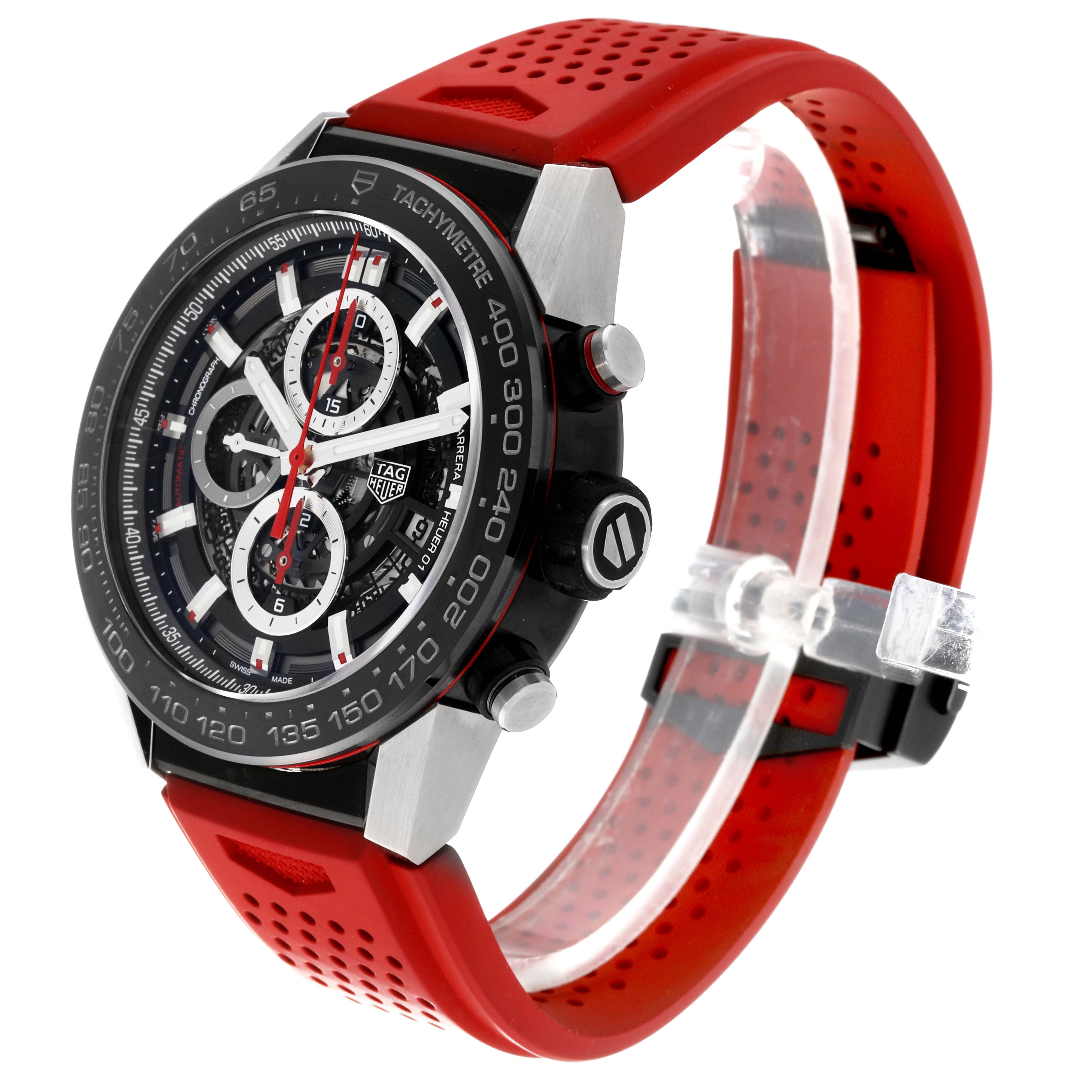 This image shows a side angle of the Tag Heuer Carrera CAR2A1Z.FT6044 Men's Stainless Steel Black Dial CAR2A1Z.FT6044 Men's Stainless Steel Black Dial watch with a red perforated strap and black tachymeter bezel.