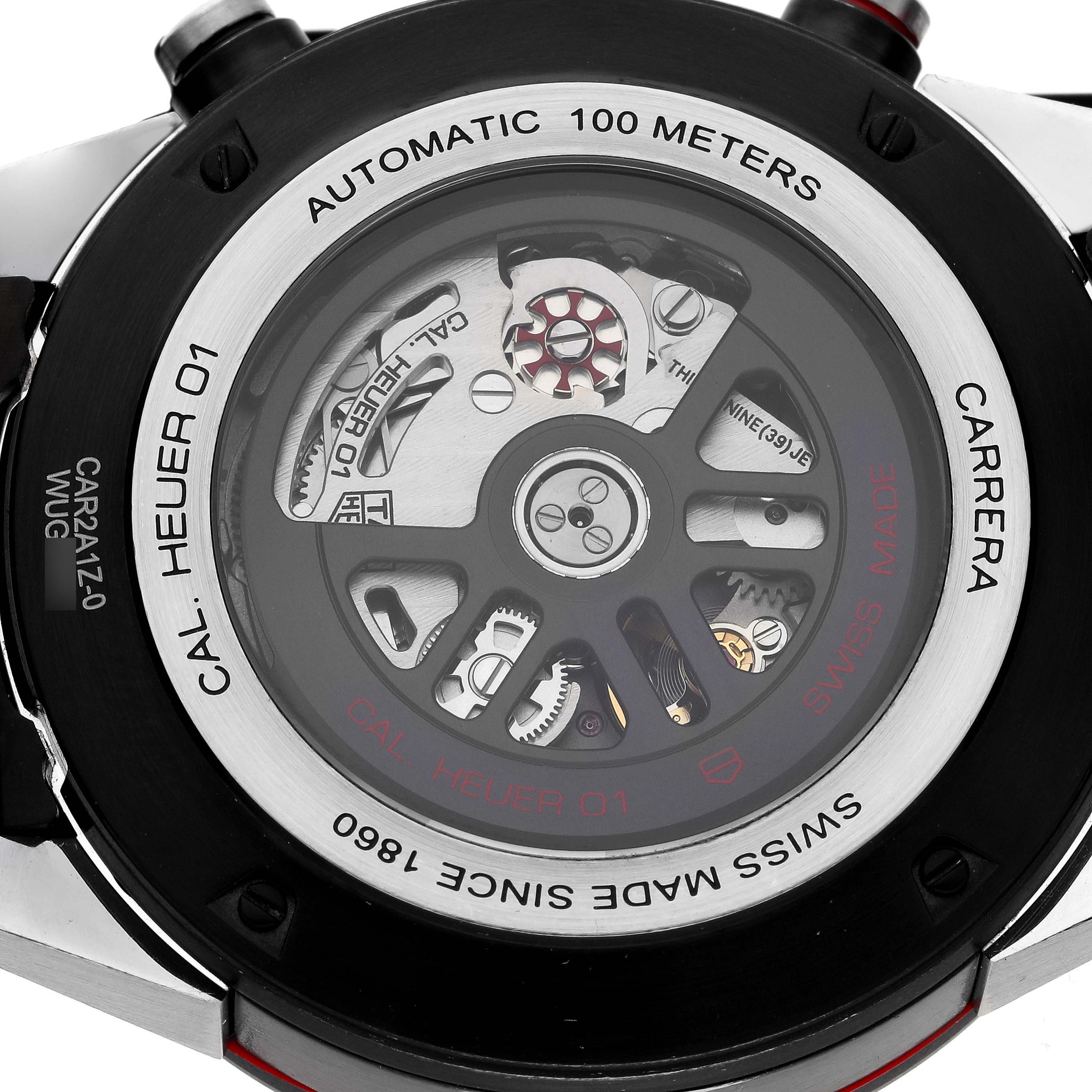 The image shows the back view of a Tag Heuer Carrera CAR2A1Z.FT6044 Men's Stainless Steel Black Dial CAR2A1Z.FT6044 Men's Stainless Steel Black Dial watch, highlighting its automatic movement.