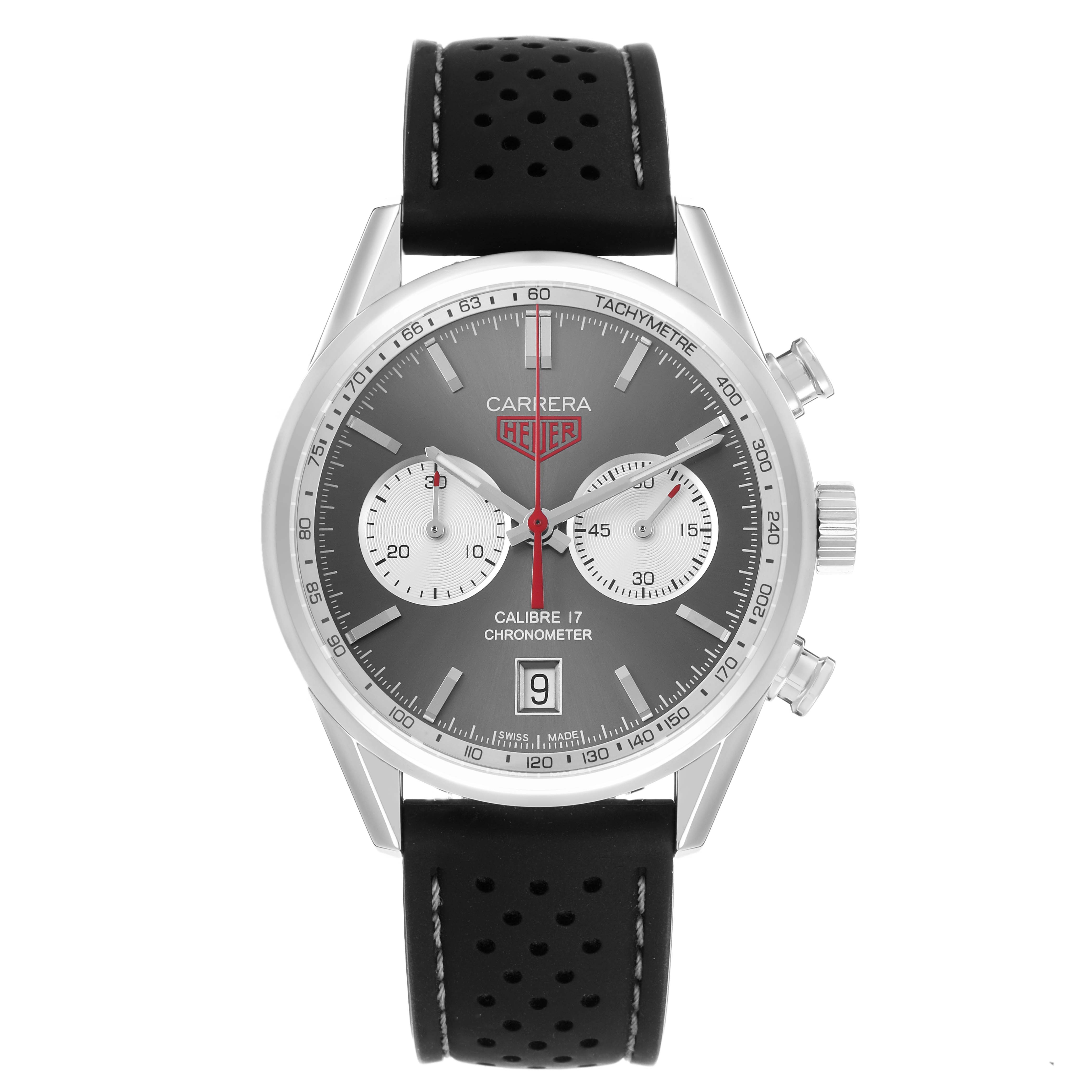 The Tag Heuer Carrera CV5110.FC6310 Men's Stainless Steel Grey Dial watch is shown from a front view, displaying its face, chronograph dials, and perforated strap.