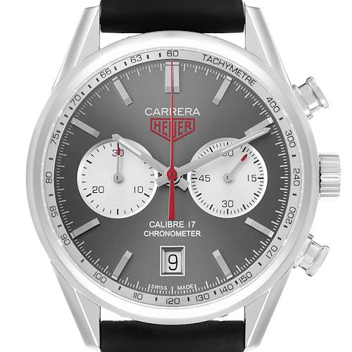 The Tag Heuer Carrera CV5110.FC6310 Men's Stainless Steel Grey Dial watch is shown from a front angle, highlighting the dial with subdials, date window, and tachymeter scale.