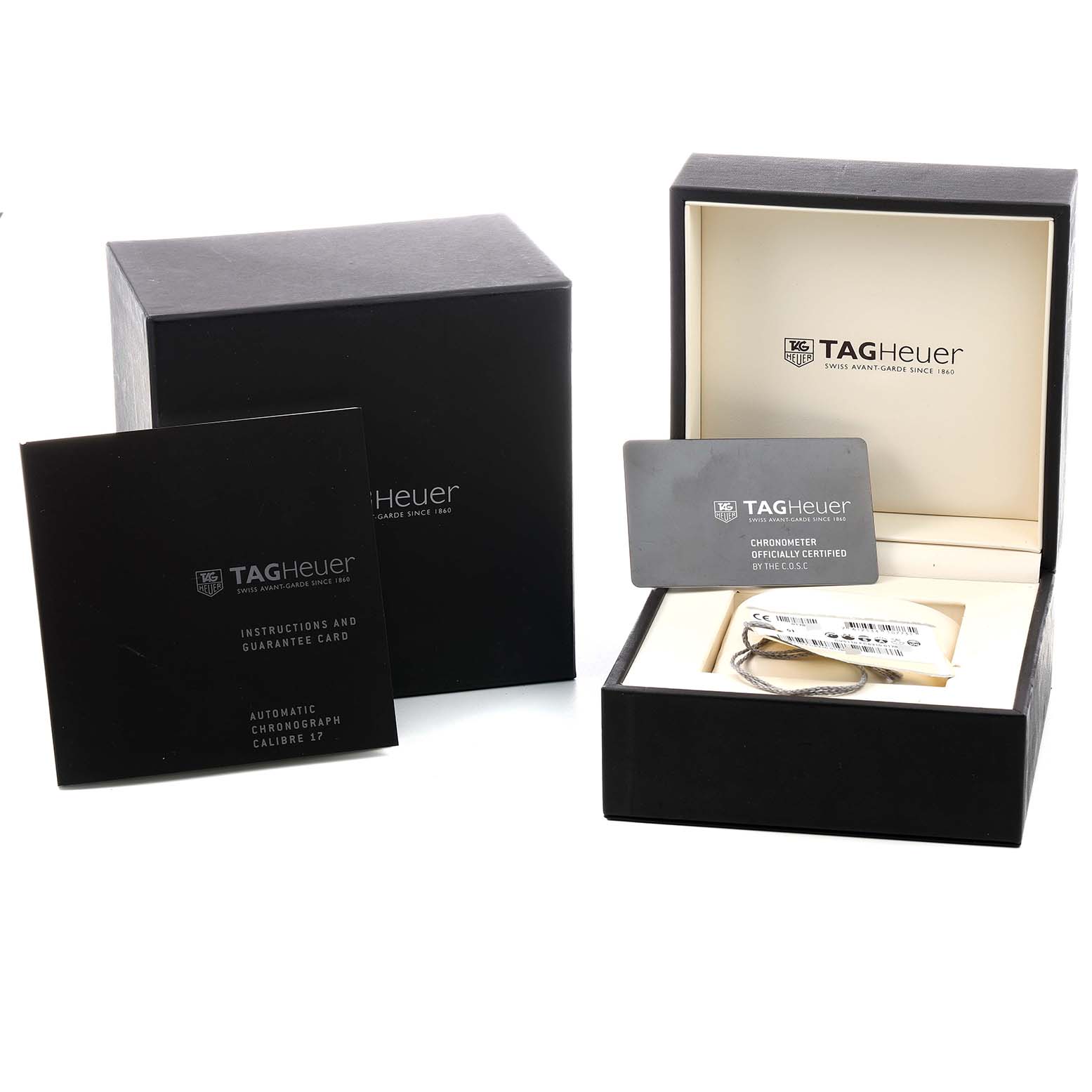 The image shows the Tag Heuer Carrera CV5110.FC6310 Men's Stainless Steel Grey Dial watch box, instruction booklet, and guarantee card.