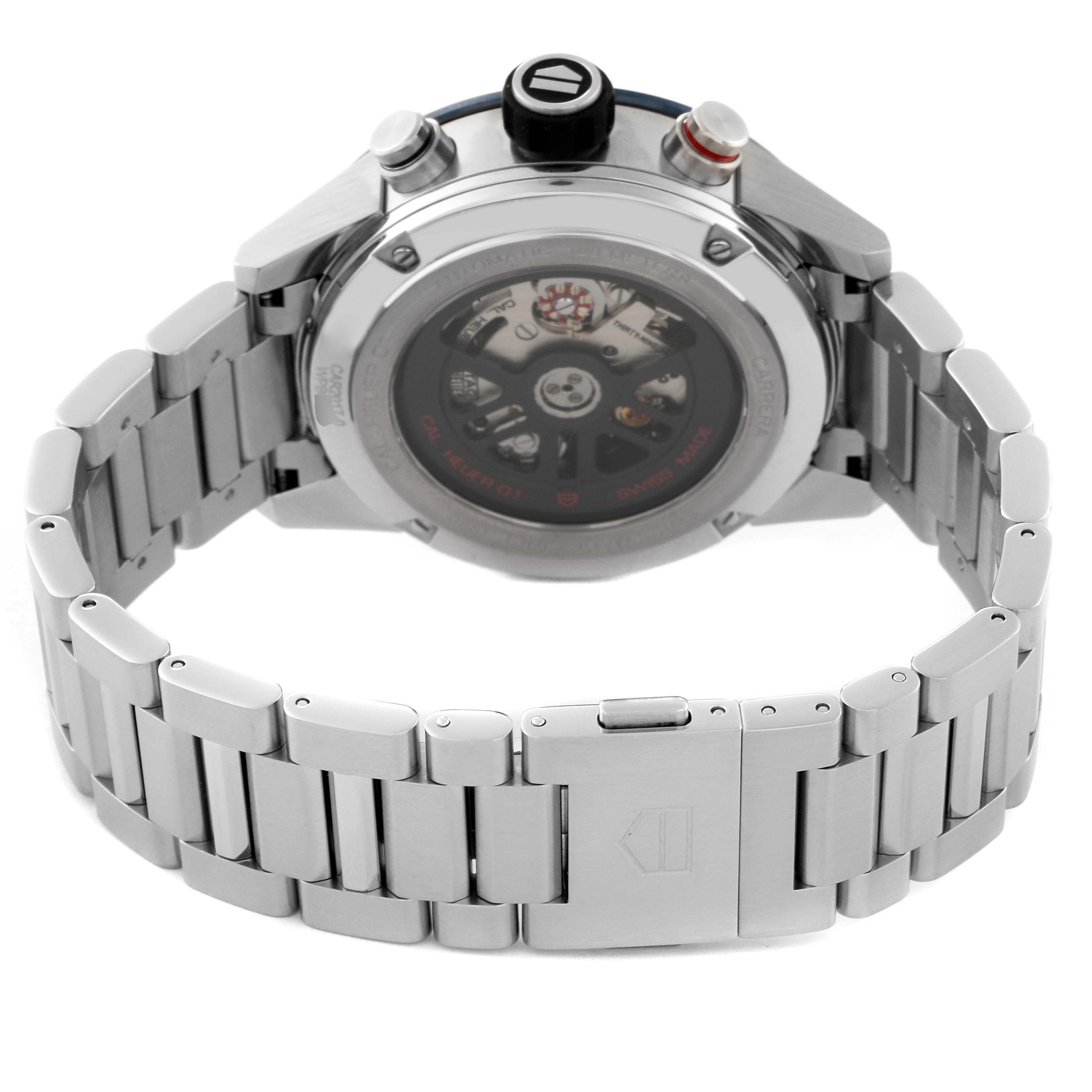 The image shows the back view of the Tag Heuer Carrera CAR201T.BA0766 Men's Stainless Steel Blue Dial CAR201T.BA0766 Men's Stainless Steel Blue Dial watch, highlighting its stainless steel bracelet and transparent case back.