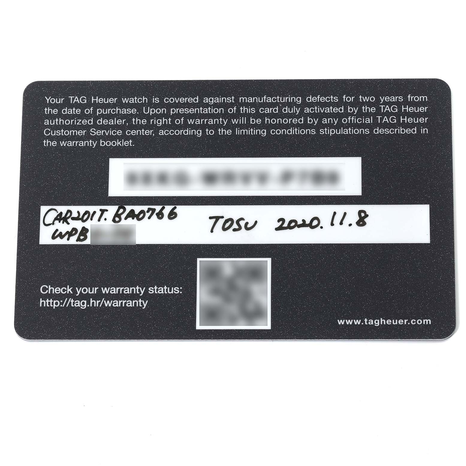 This is the warranty card for the Tag Heuer Carrera CAR201T.BA0766 Men's Stainless Steel Blue Dial CAR201T.BA0766 Men's Stainless Steel Blue Dial watch, showing the model number and purchase details.