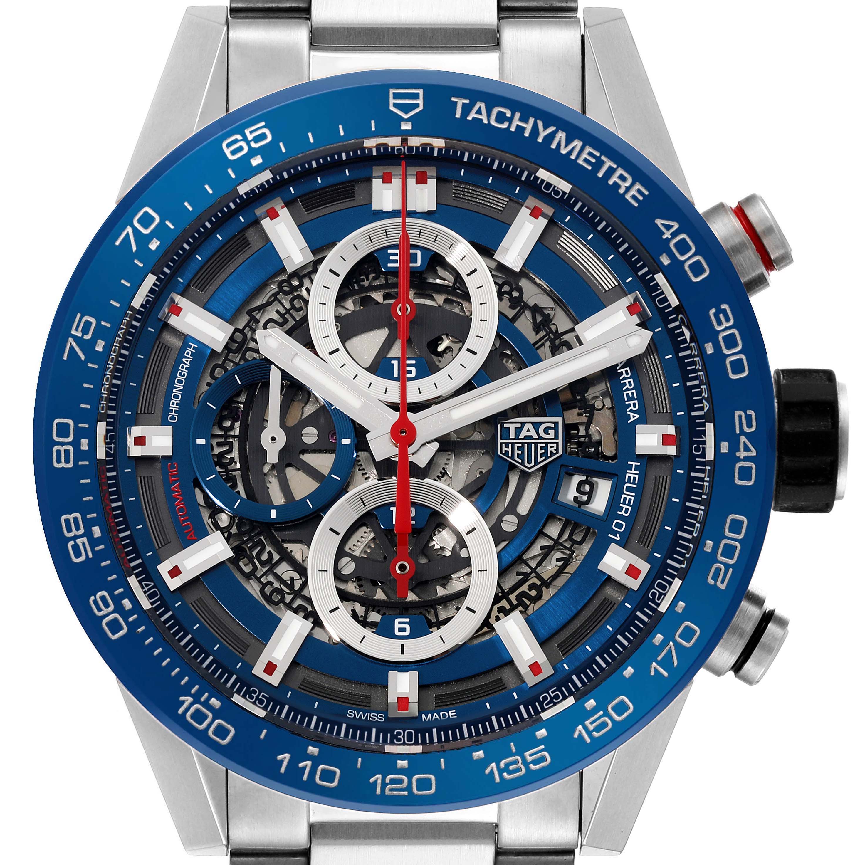 The image shows a front view of the Tag Heuer Carrera CAR201T.BA0766 Men's Stainless Steel Blue Dial CAR201T.BA0766 Men's Stainless Steel Blue Dial watch, highlighting its tachymeter, chronograph, and skeleton dial.