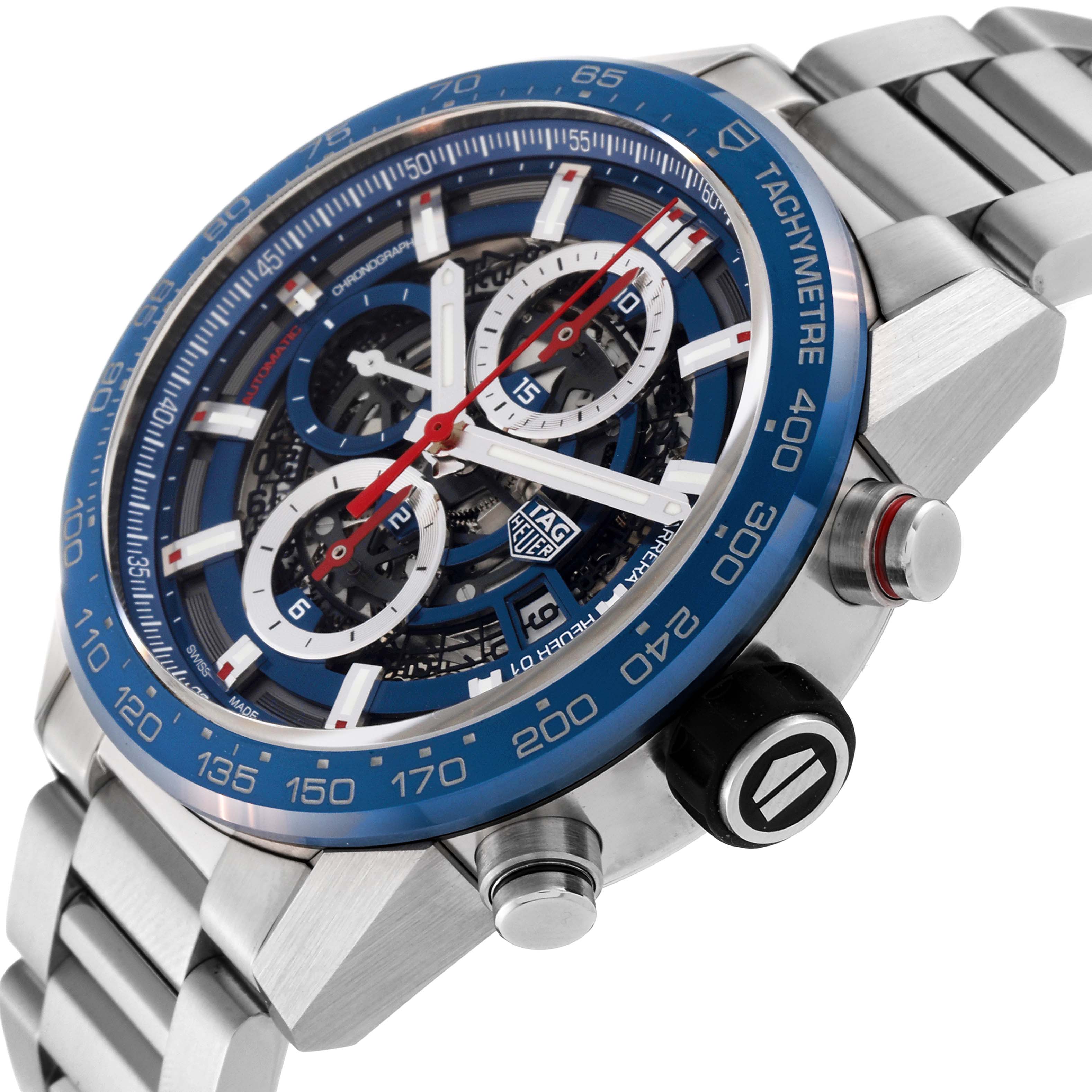This angled shot of the Tag Heuer Carrera CAR201T.BA0766 Men's Stainless Steel Blue Dial CAR201T.BA0766 Men's Stainless Steel Blue Dial watch shows the watch face, case, tachymeter bezel, and part of the metal bracelet.