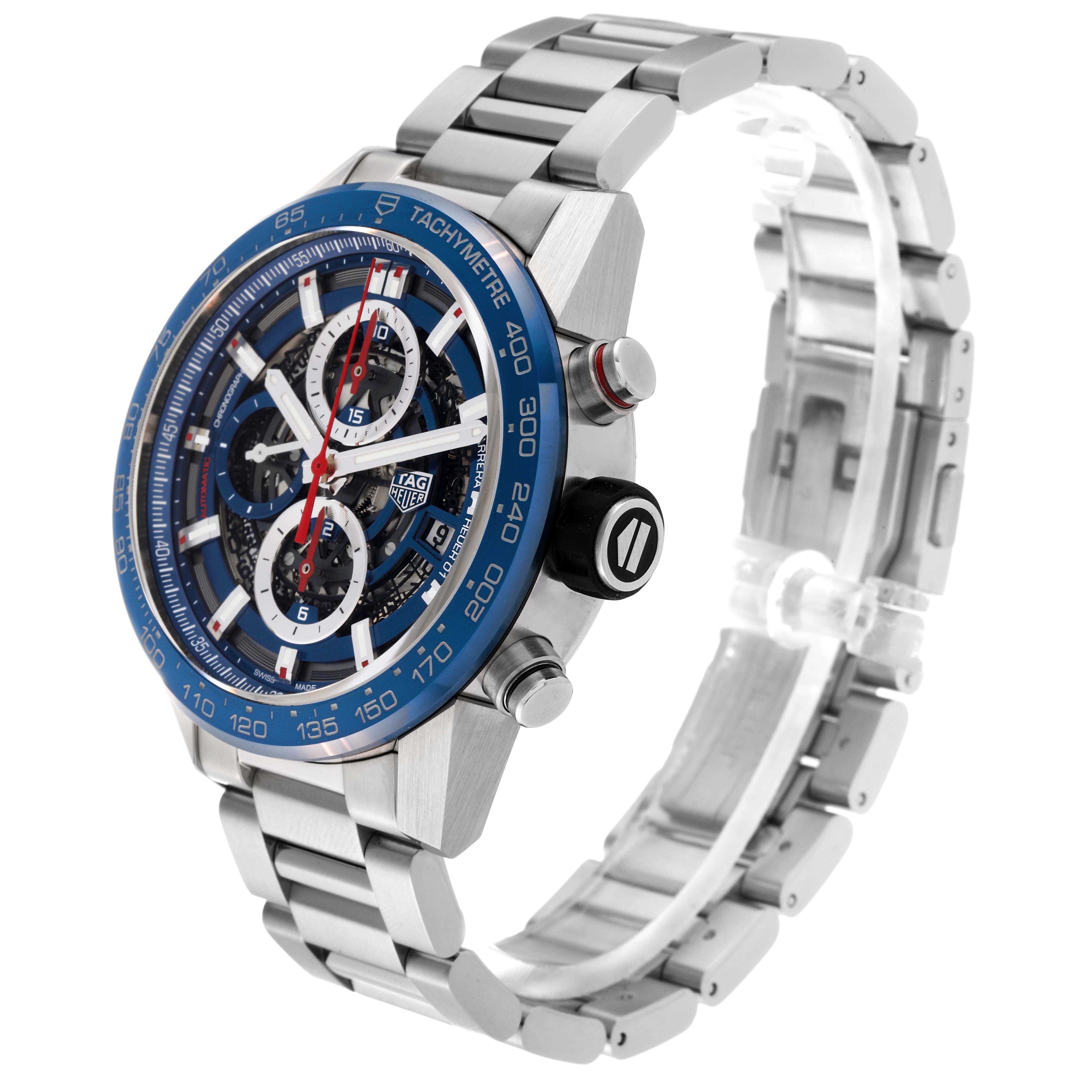 The Tag Heuer Carrera CAR201T.BA0766 Men's Stainless Steel Blue Dial CAR201T.BA0766 Men's Stainless Steel Blue Dial watch is shown at a slight angle highlighting its face, tachymeter, and stainless steel bracelet.