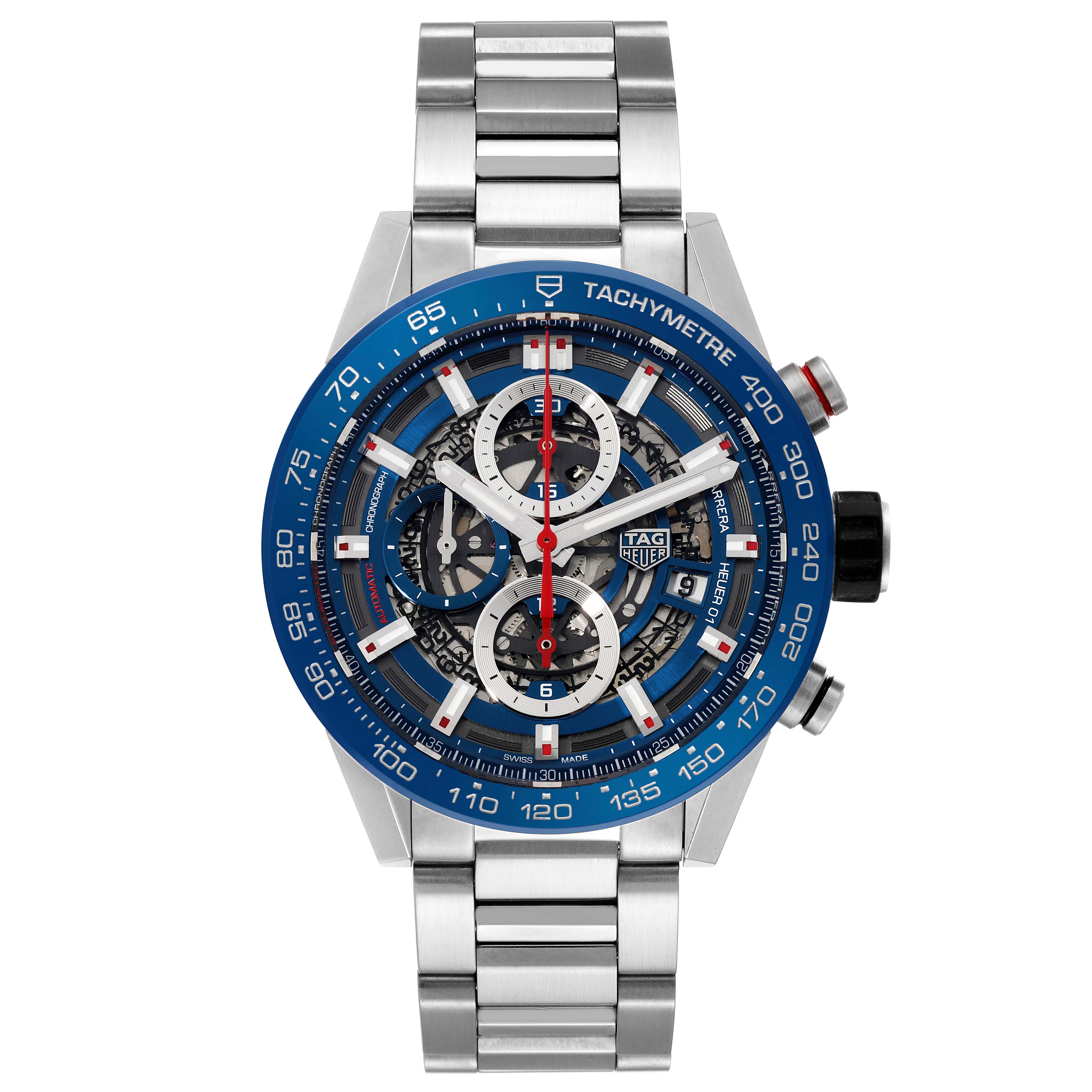 The image shows a frontal view of a Tag Heuer Carrera CAR201T.BA0766 Men's Stainless Steel Blue Dial CAR201T.BA0766 Men's Stainless Steel Blue Dial watch, highlighting its dial, tachymeter bezel, and stainless steel bracelet.