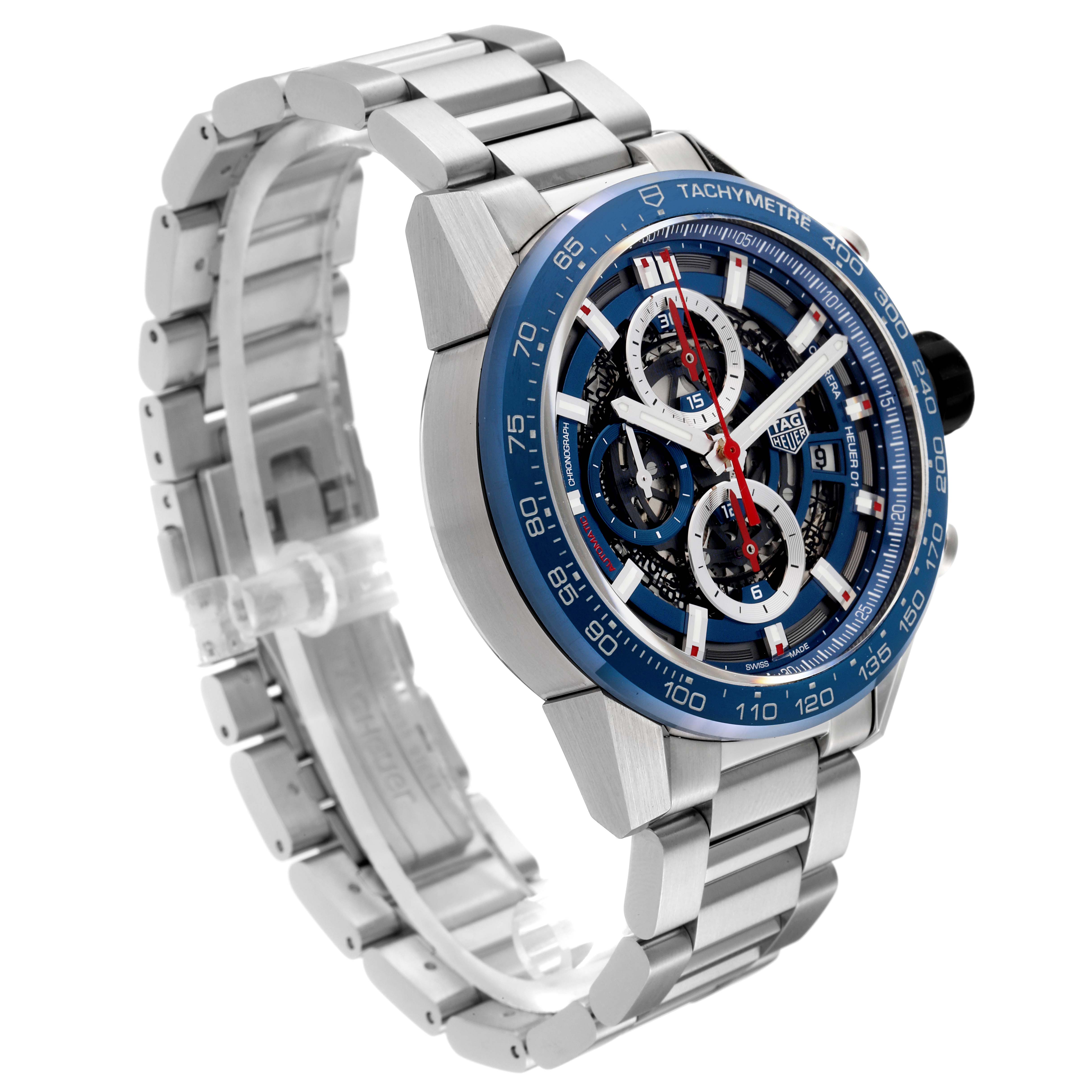 The image shows a Tag Heuer Carrera CAR201T.BA0766 Men's Stainless Steel Blue Dial CAR201T.BA0766 Men's Stainless Steel Blue Dial model watch at an angle highlighting the face, bezel, and metal bracelet.