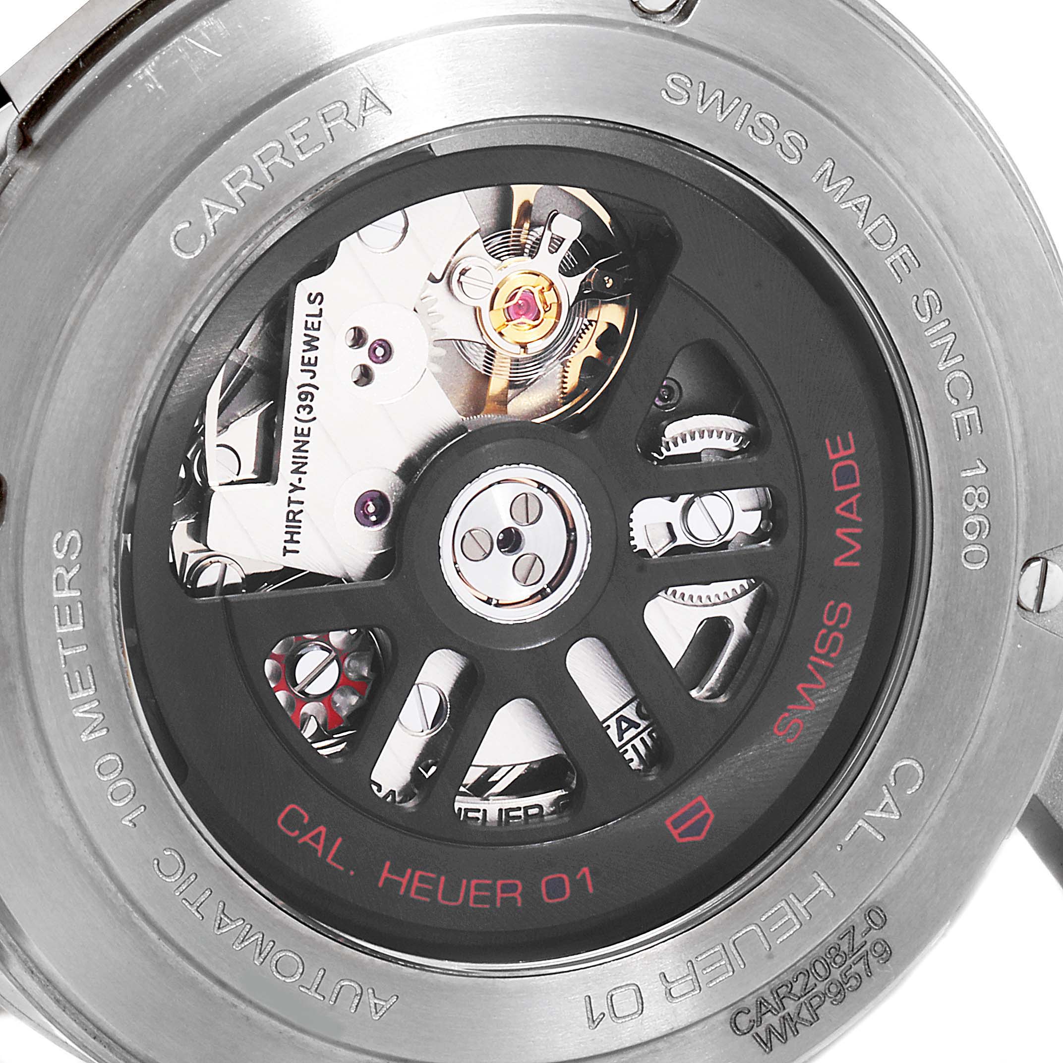 The image shows the back view of a Tag Heuer Carrera CAR208Z.BF0719 Men's Titanium Grey Dial CAR208Z.BF0719 Men's Titanium Grey Dial watch, highlighting the internal mechanism and automatic movement details.