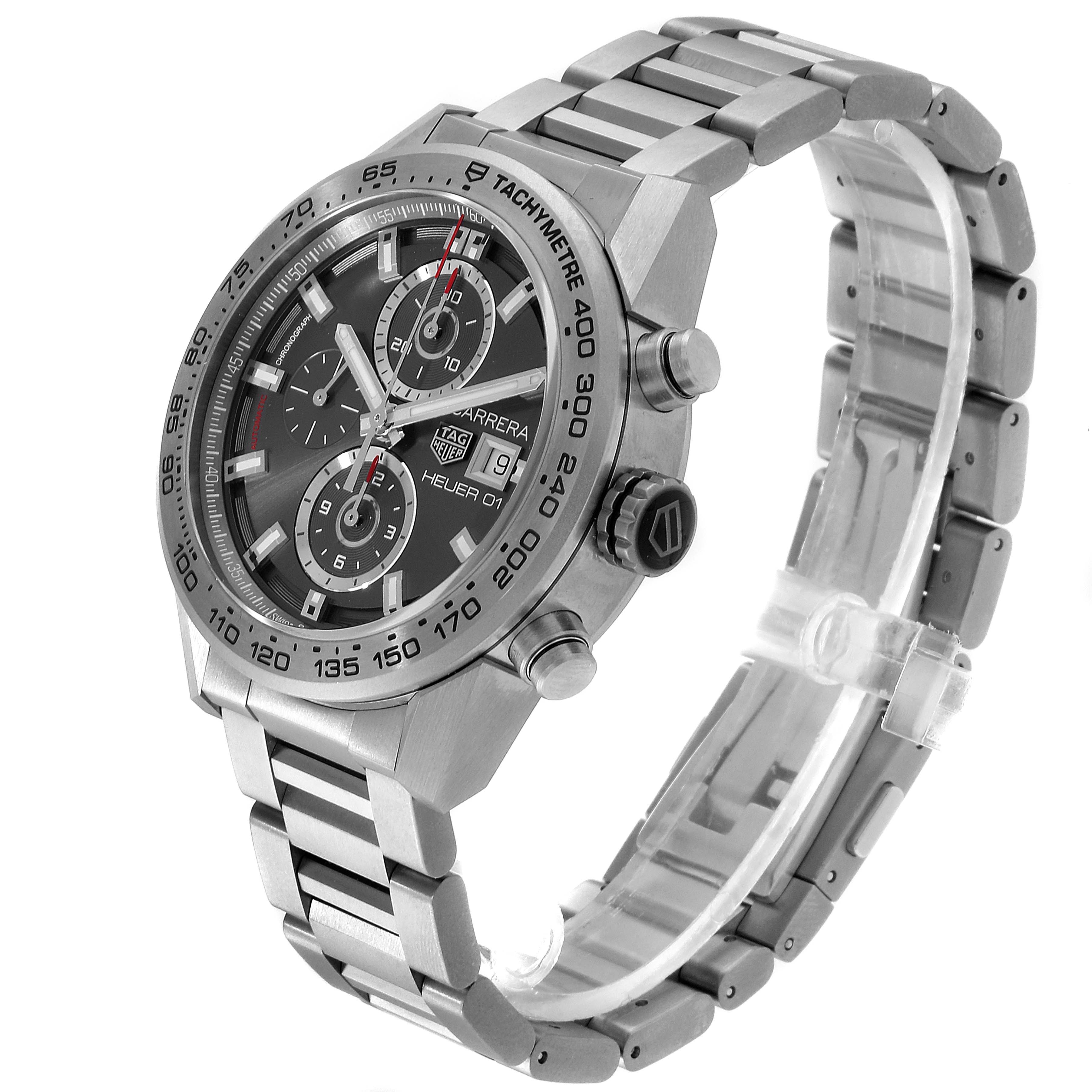 The Tag Heuer Carrera CAR208Z.BF0719 Men's Titanium Grey Dial CAR208Z.BF0719 Men's Titanium Grey Dial watch is shown at an angled view, highlighting the dial, bezel, and metal bracelet.