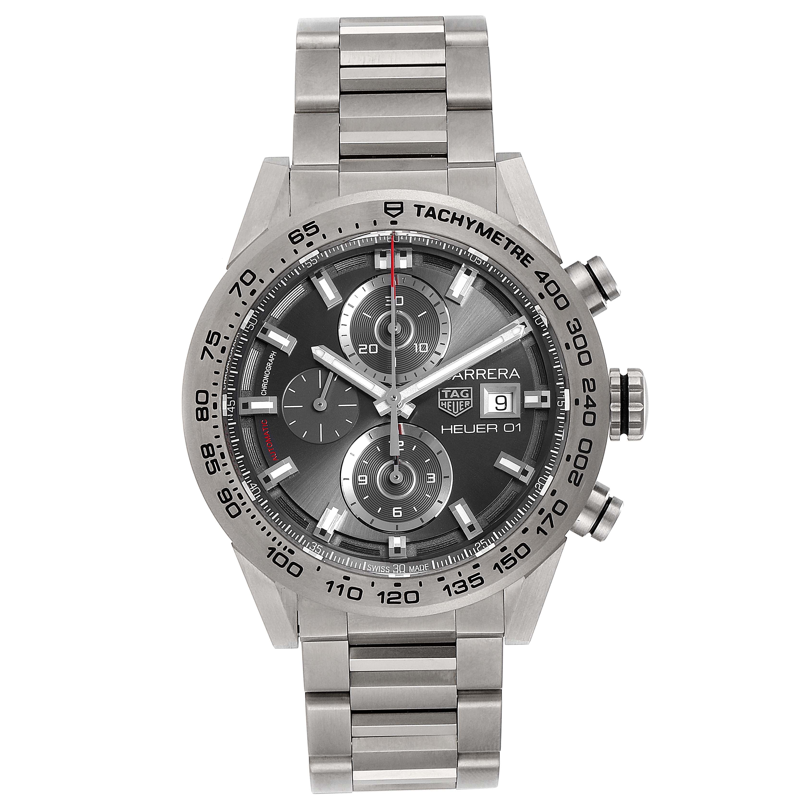This image shows a front view of the Tag Heuer Carrera CAR208Z.BF0719 Men's Titanium Grey Dial CAR208Z.BF0719 Men's Titanium Grey Dial watch, displaying its dial, bezel, and bracelet.
