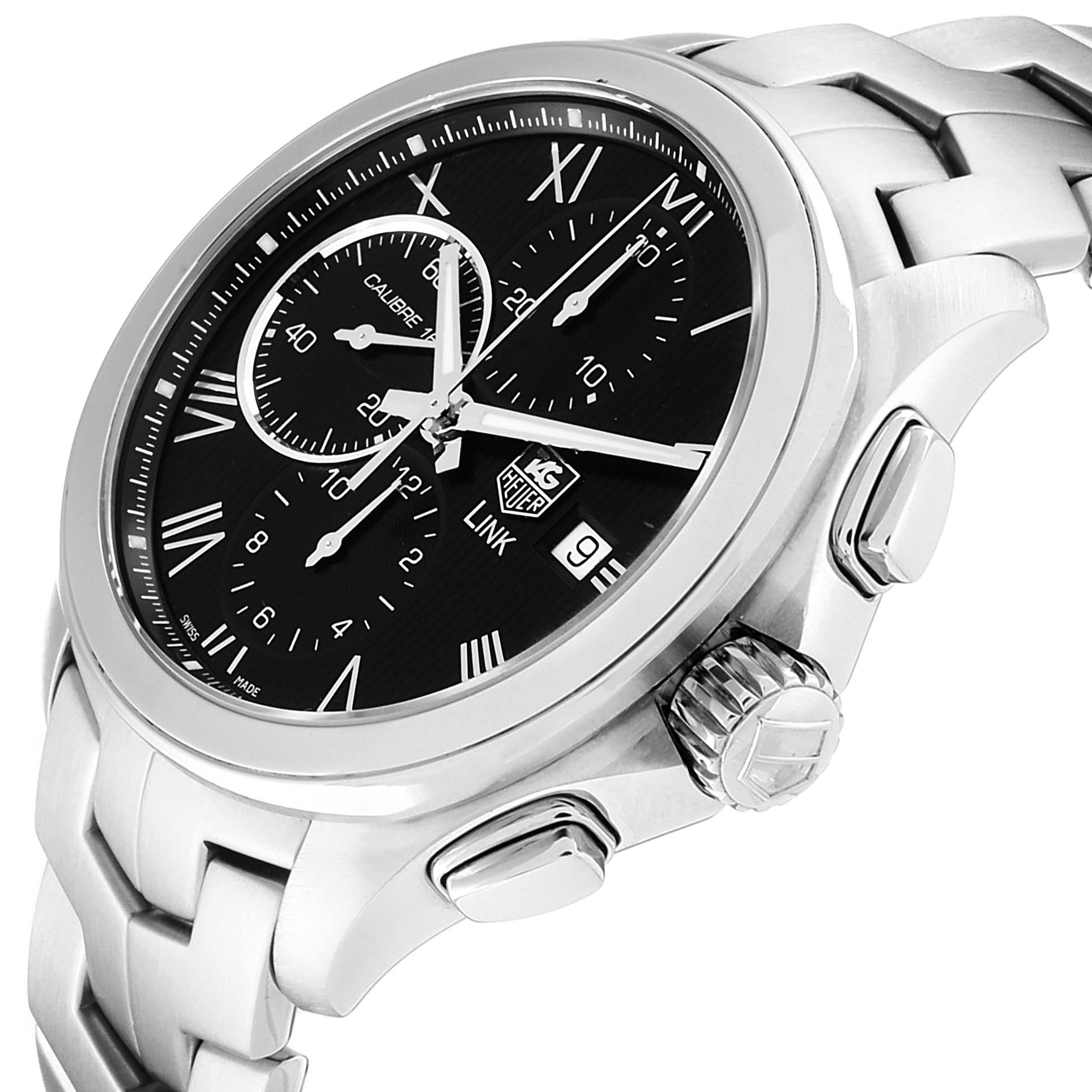 The Tag Heuer Link CAT2012.BA0952 Men
s Stainless Steel Black Dial CAT2012.BA0952 Men
s Stainless Steel Black Dial model watch is shown at an angled close-up, highlighting its dial, bezel, crown, and chronograph pushers.