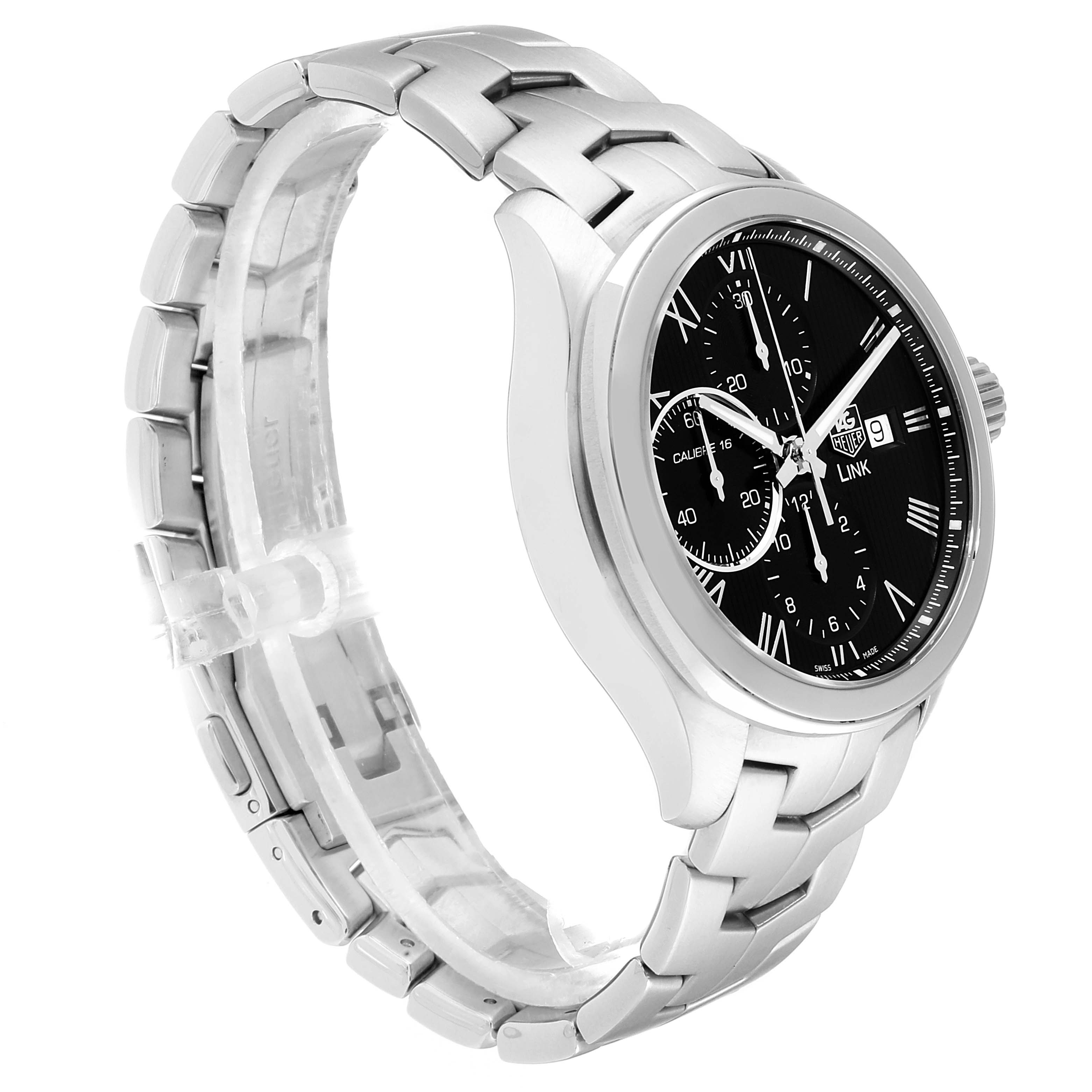 The image shows a side angle of the Tag Heuer Link CAT2012.BA0952 Men
s Stainless Steel Black Dial CAT2012.BA0952 Men
s Stainless Steel Black Dial watch, highlighting its stainless steel bracelet and black dial.