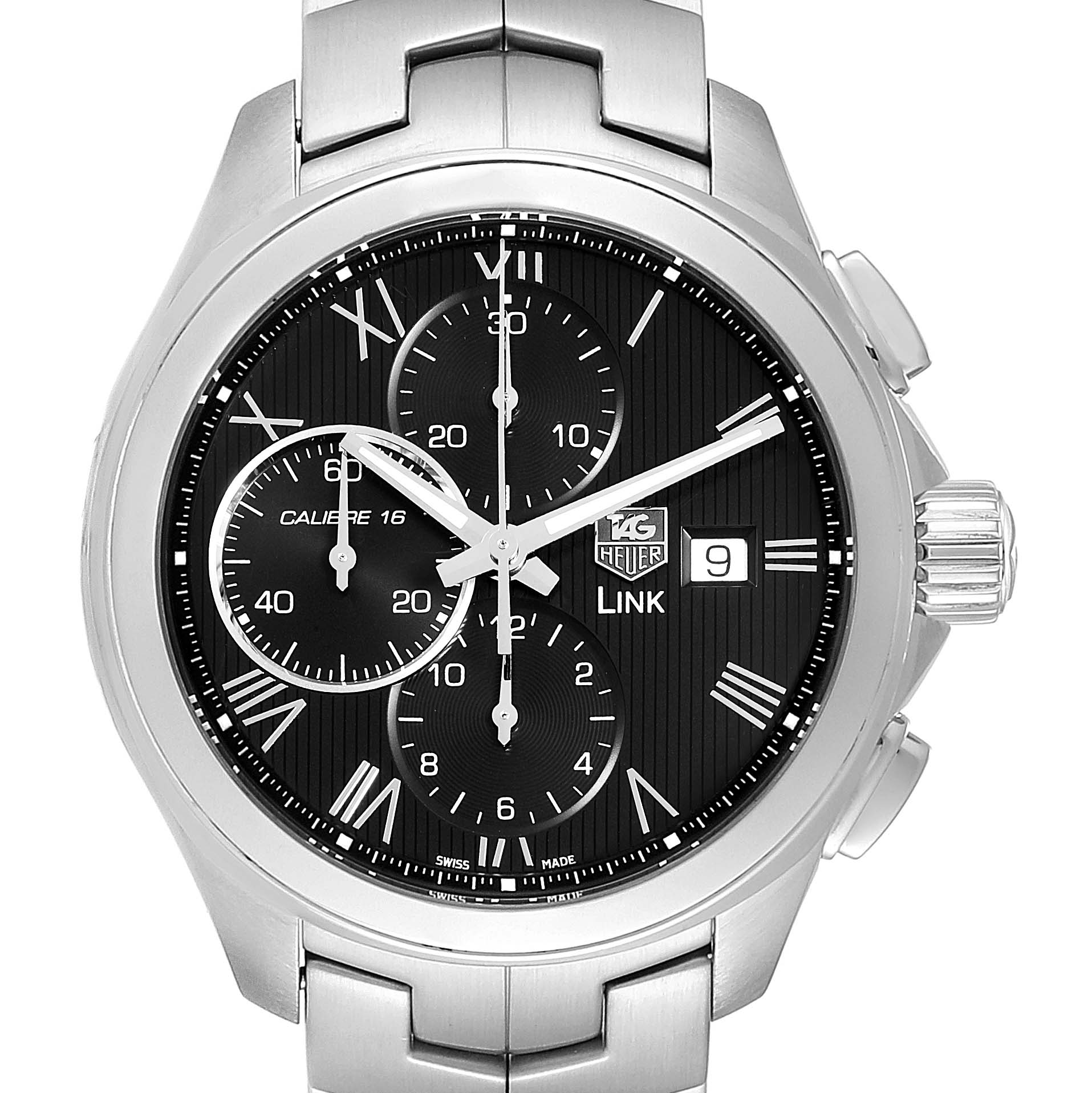 The image shows a front view of a Tag Heuer Link CAT2012.BA0952 Men
s Stainless Steel Black Dial CAT2012.BA0952 Men
s Stainless Steel Black Dial watch with its dial, sub-dials, date window, and stainless steel bracelet visible.