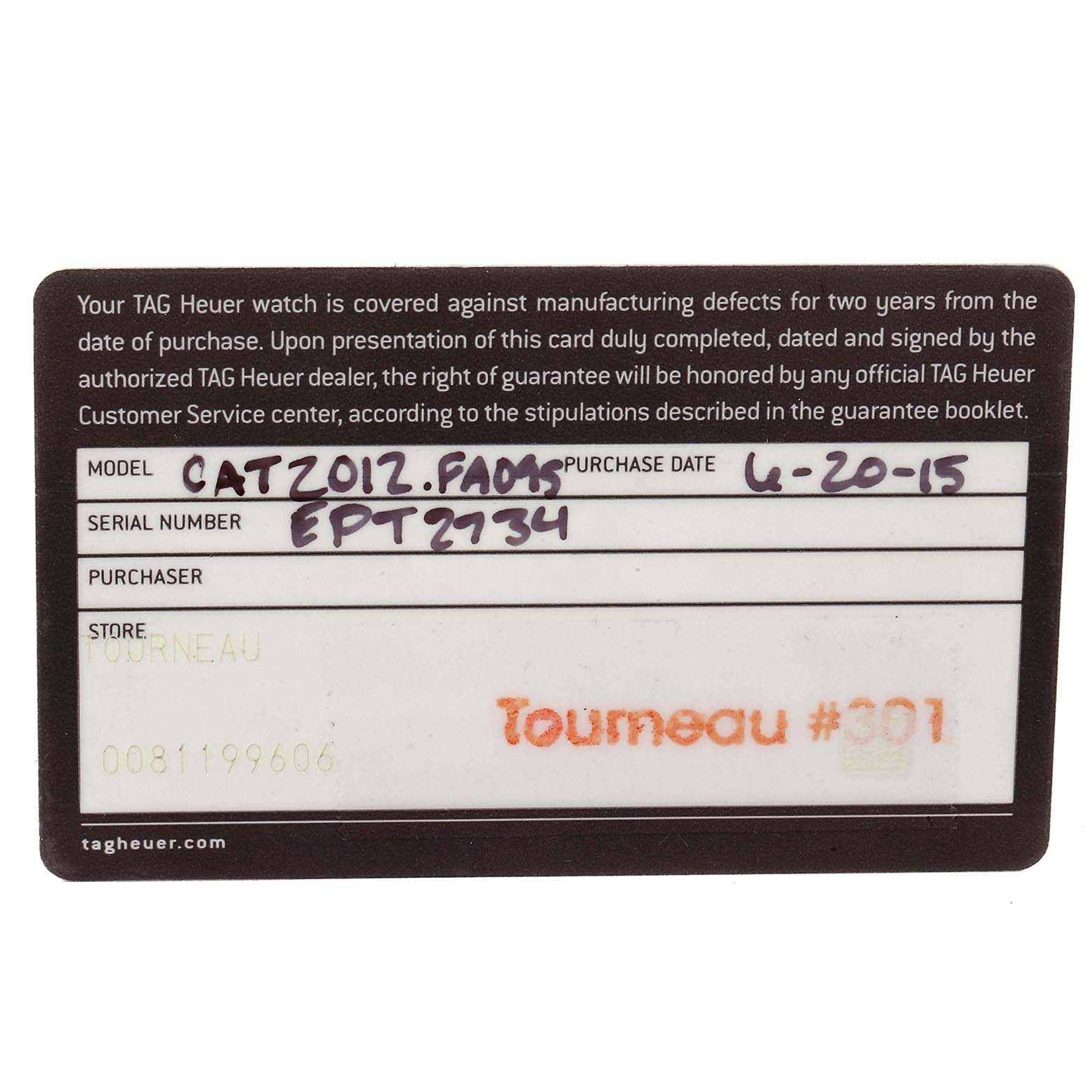 The image shows a TAG Heuer warranty card for the Link model, indicating details like the model number, serial number, and purchase date.