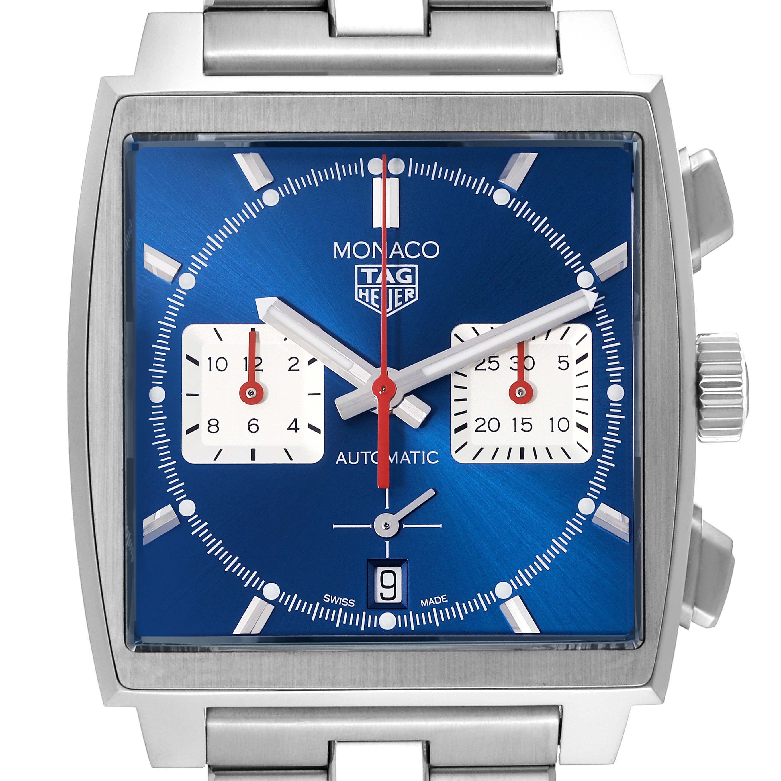 The image shows a front view of a Tag Heuer Monaco CBL2111.FC6453 Men's Stainless Steel Blue Dial CBL2111.FC6453 Men's Stainless Steel Blue Dial watch, highlighting its blue dial, square case, subdials, and crown.