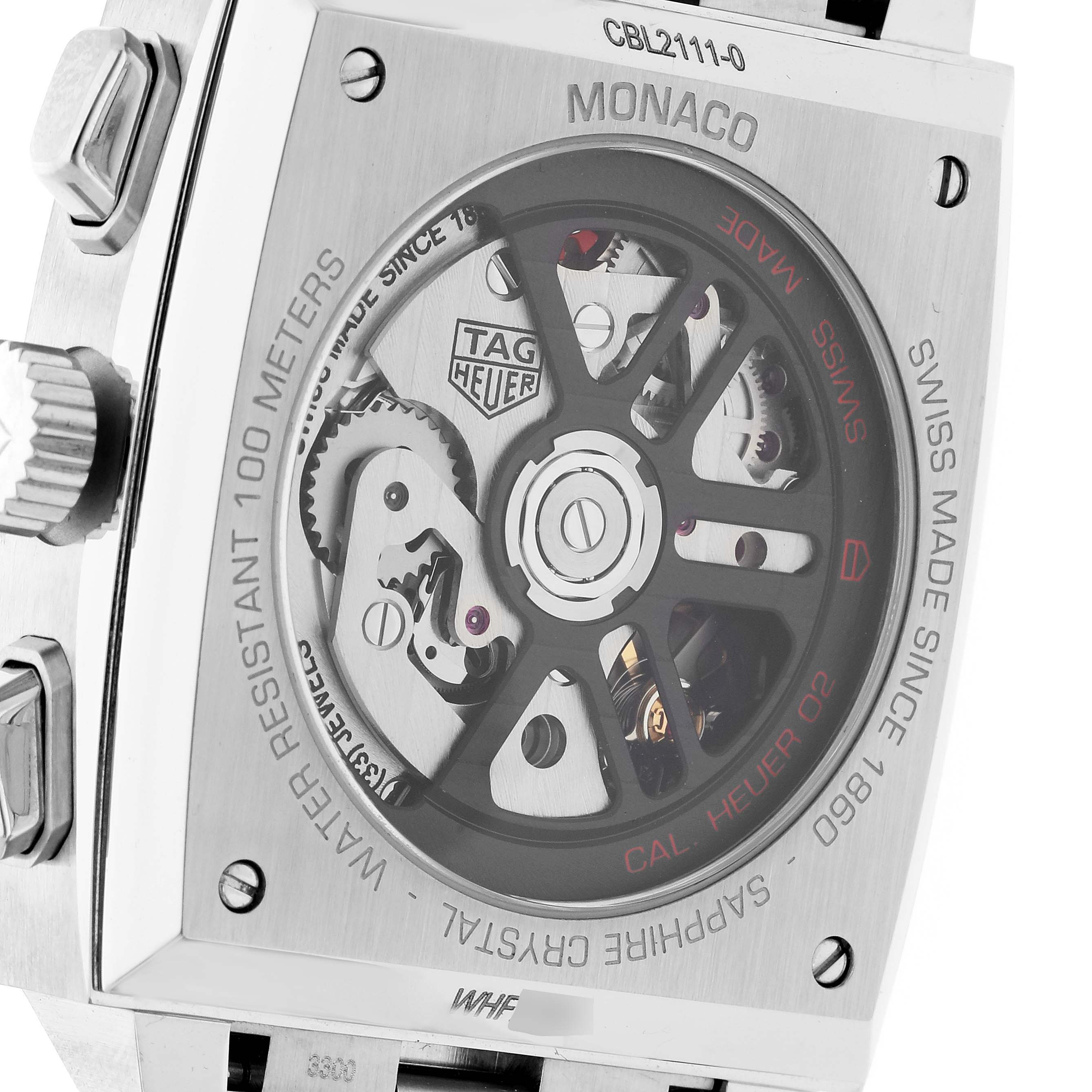 This image shows the back view of a Tag Heuer Monaco CBL2111.FC6453 Men's Stainless Steel Blue Dial CBL2111.FC6453 Men's Stainless Steel Blue Dial watch, highlighting the exposed movement and internal mechanisms through a transparent case back.