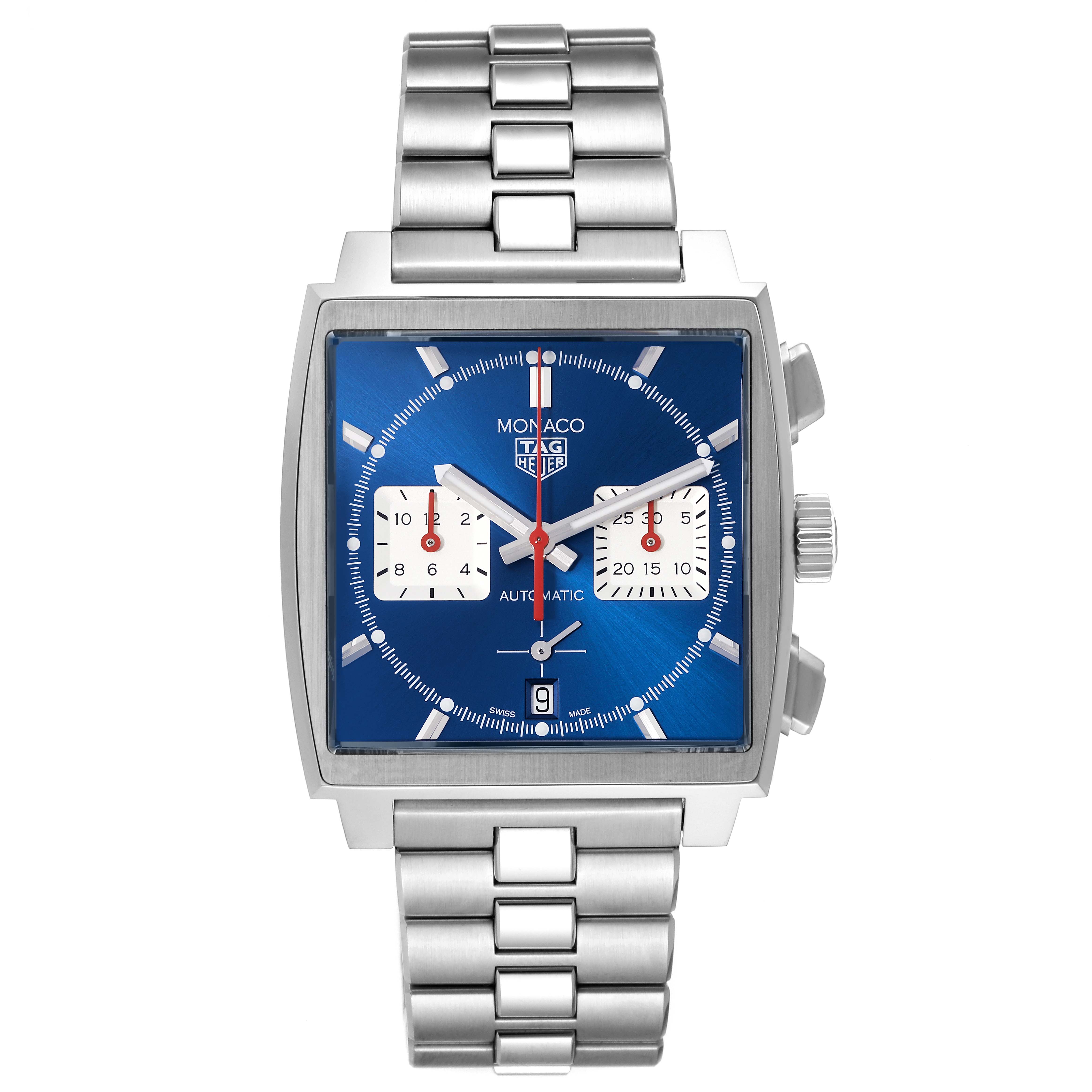 The image shows a frontal view of a Tag Heuer Monaco CBL2111.FC6453 Men's Stainless Steel Blue Dial CBL2111.FC6453 Men's Stainless Steel Blue Dial watch with a blue dial and stainless steel bracelet.