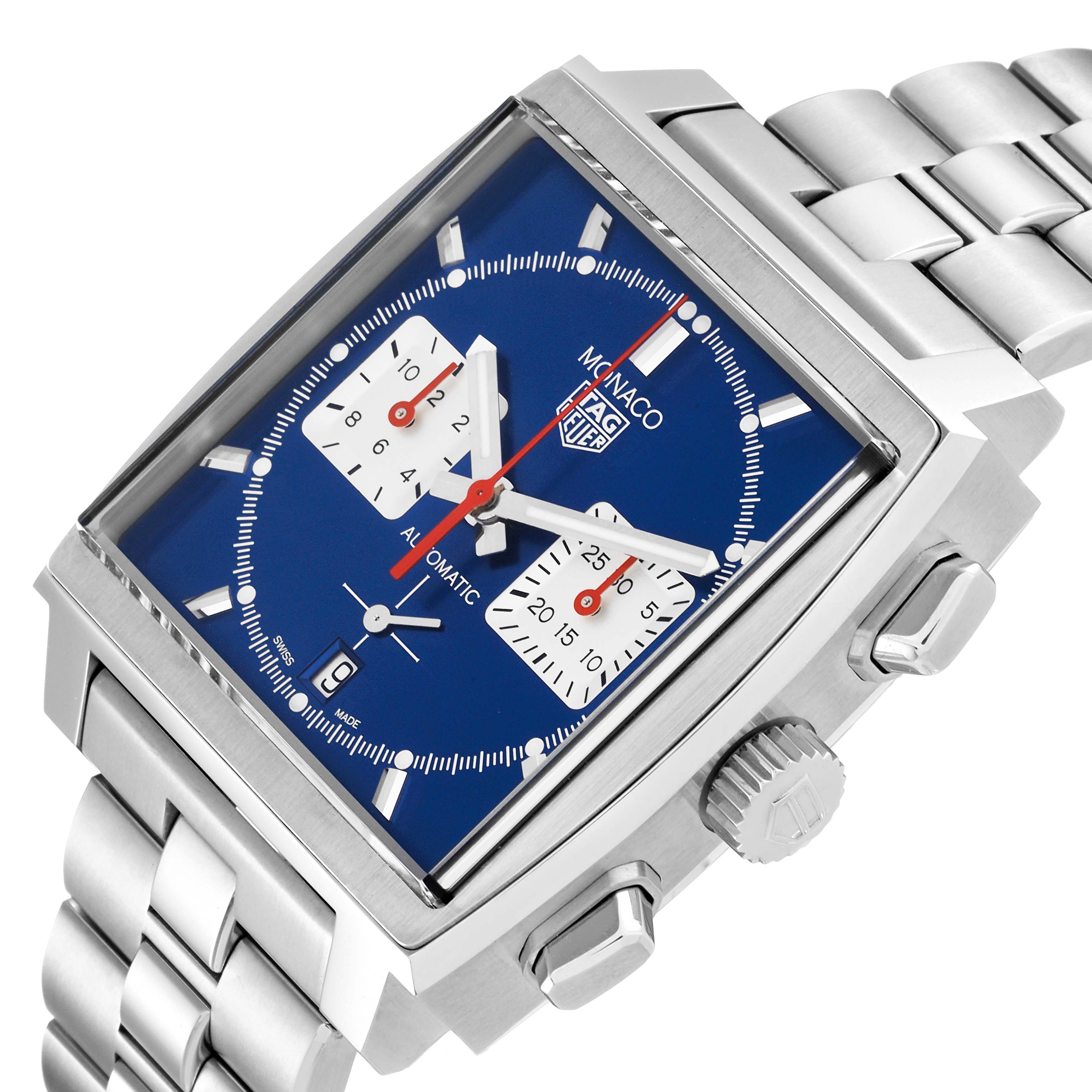 The image shows a close-up side angle of the Tag Heuer Monaco CBL2111.FC6453 Men's Stainless Steel Blue Dial CBL2111.FC6453 Men's Stainless Steel Blue Dial watch, highlighting the face, crown, and stainless steel bracelet.