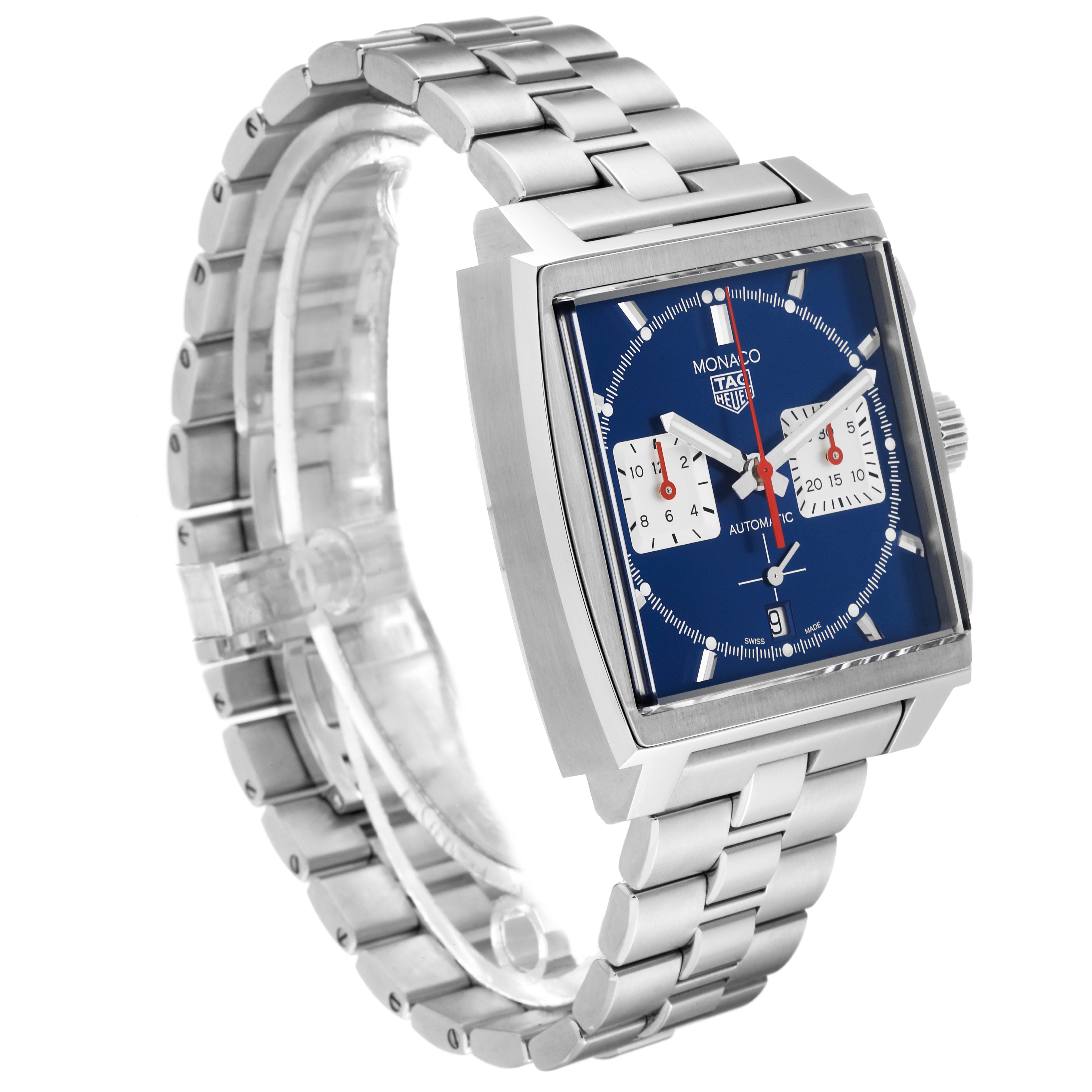 The image shows a Tag Heuer Monaco CBL2111.FC6453 Men's Stainless Steel Blue Dial CBL2111.FC6453 Men's Stainless Steel Blue Dial watch angled to display the face, case, and metal bracelet.