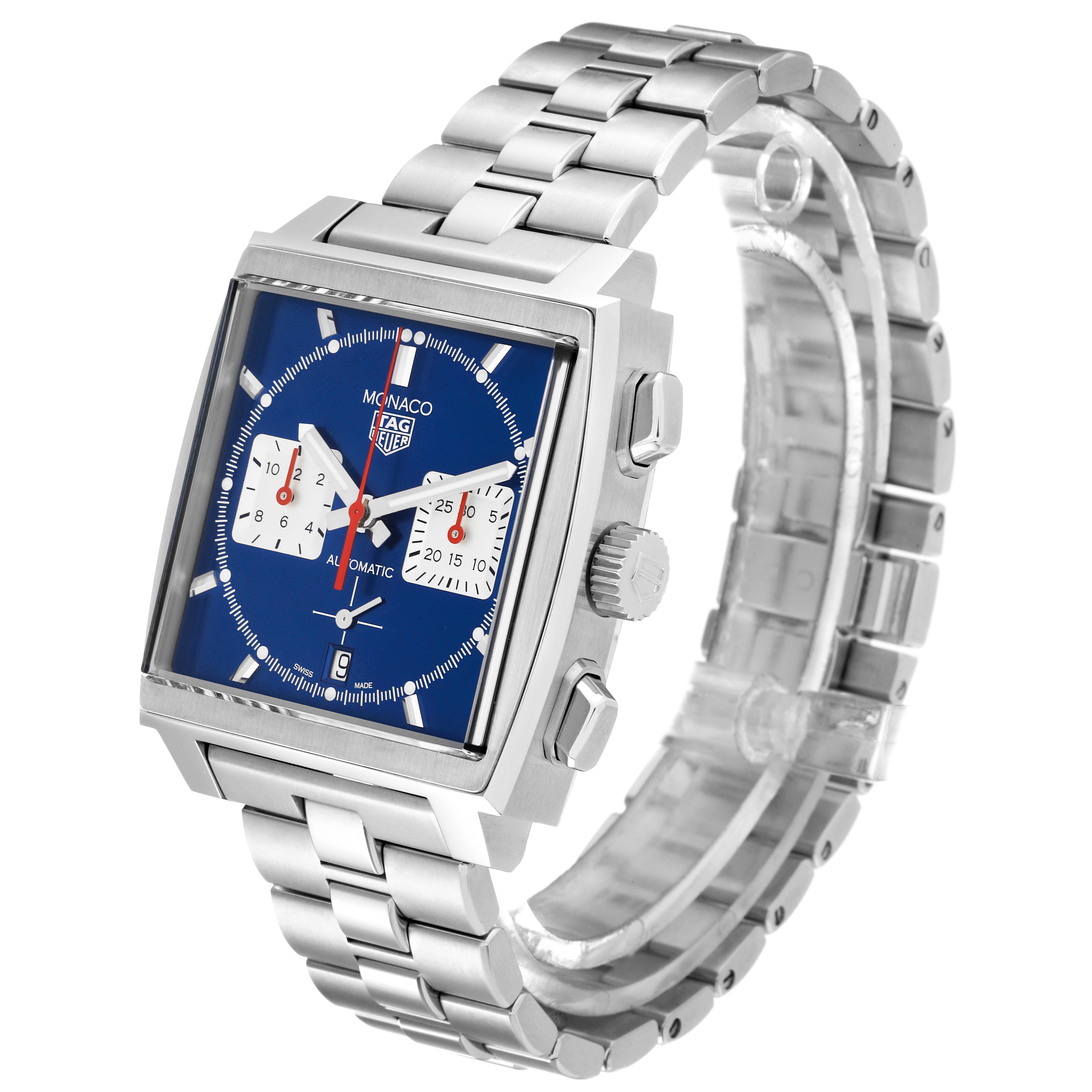 The image shows a Tag Heuer Monaco CBL2111.FC6453 Men's Stainless Steel Blue Dial CBL2111.FC6453 Men's Stainless Steel Blue Dial model watch in a three-quarter view, highlighting its blue dial, square case, and metal bracelet.