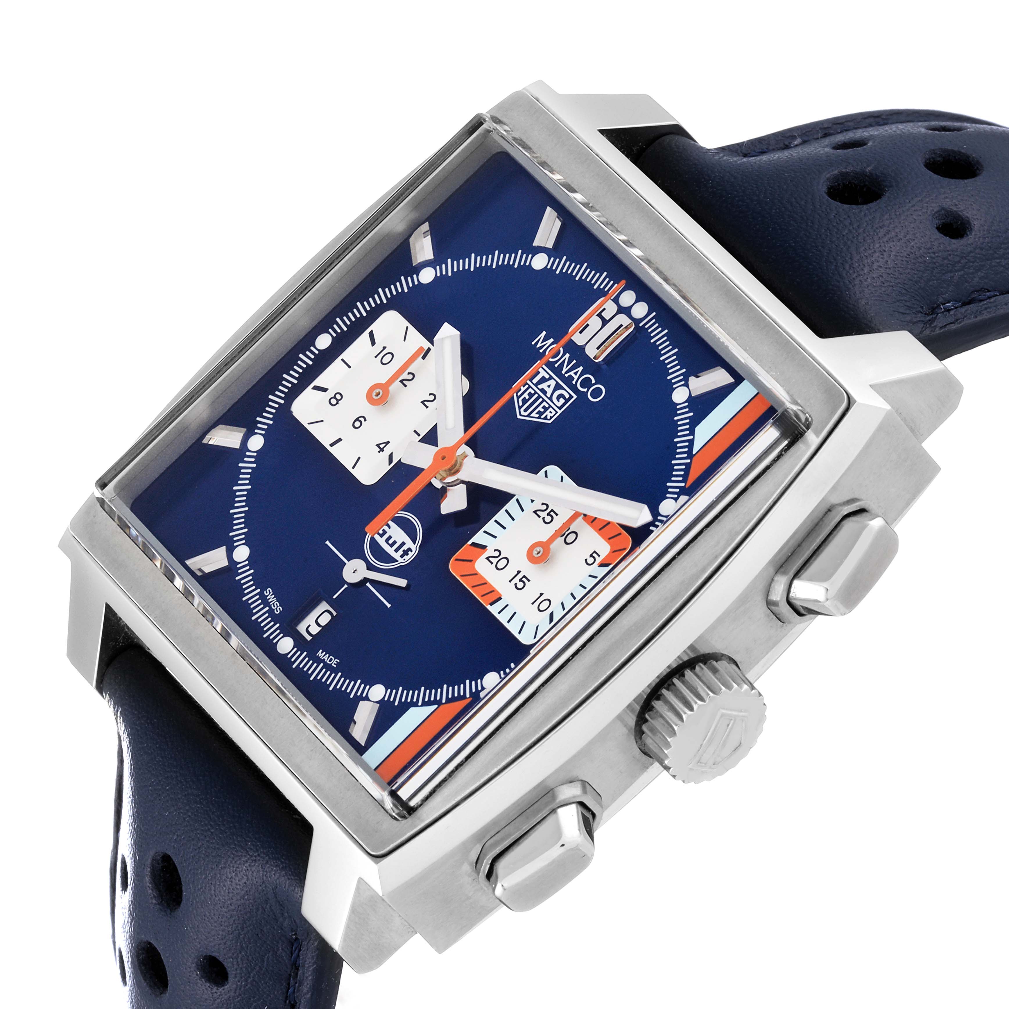 The image shows the face and side view of a Tag Heuer Monaco CBL2115.FC6494 Men's Stainless Steel Blue Dial CBL2115.FC6494 Men's Stainless Steel Blue Dial watch with a blue dial and leather strap.