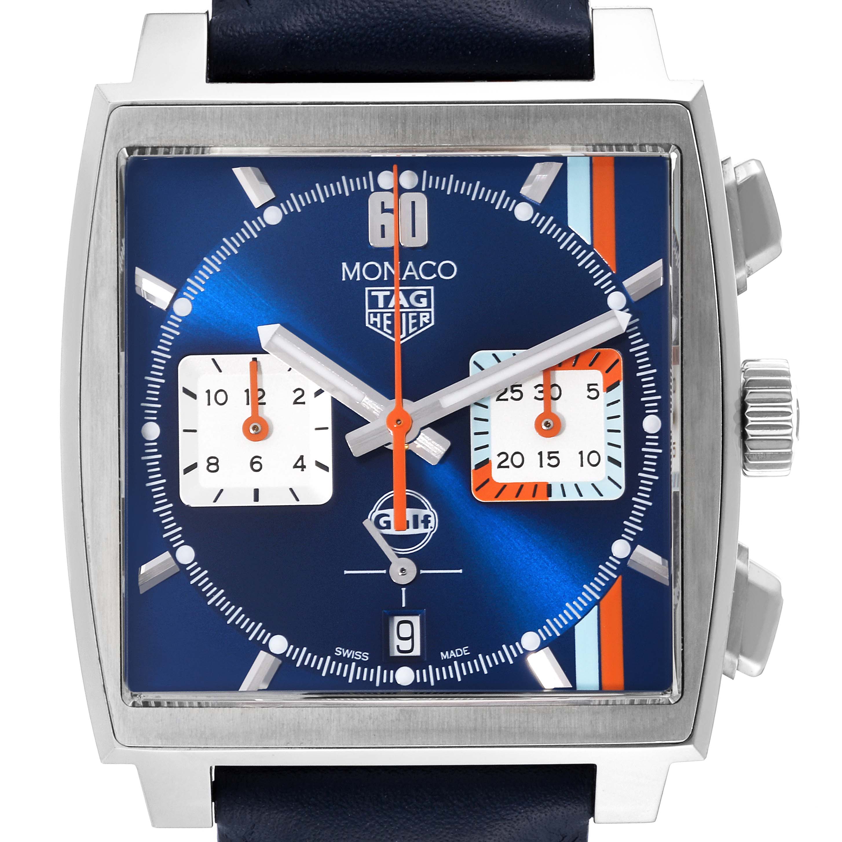The image shows the face of a Tag Heuer Monaco CBL2115.FC6494 Men's Stainless Steel Blue Dial CBL2115.FC6494 Men's Stainless Steel Blue Dial watch, featuring a square dial, chronograph subdials, and a date window.