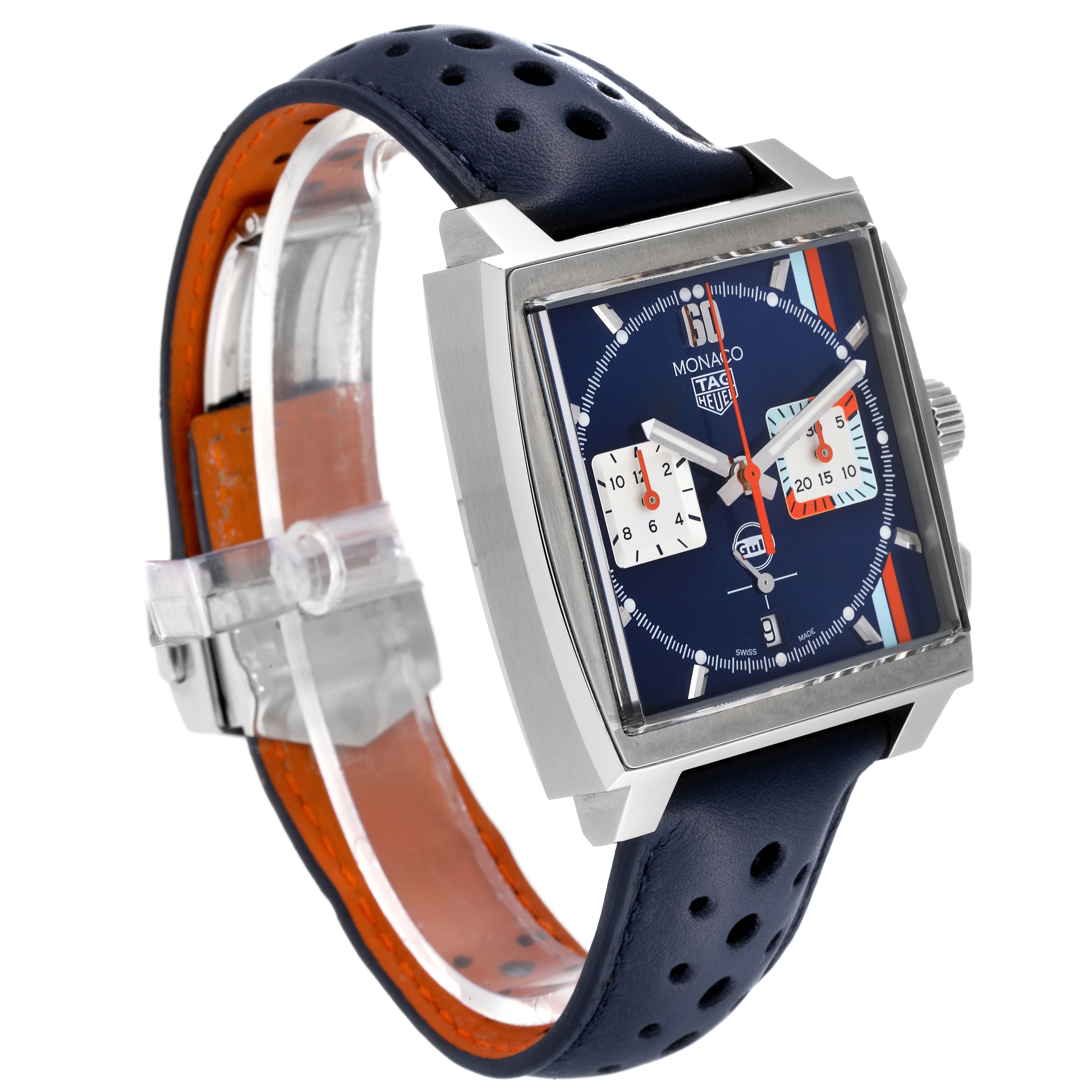 The Tag Heuer Monaco CBL2115.FC6494 Men's Stainless Steel Blue Dial CBL2115.FC6494 Men's Stainless Steel Blue Dial watch is shown at a three-quarter angle highlighting the case, dial, and strap.