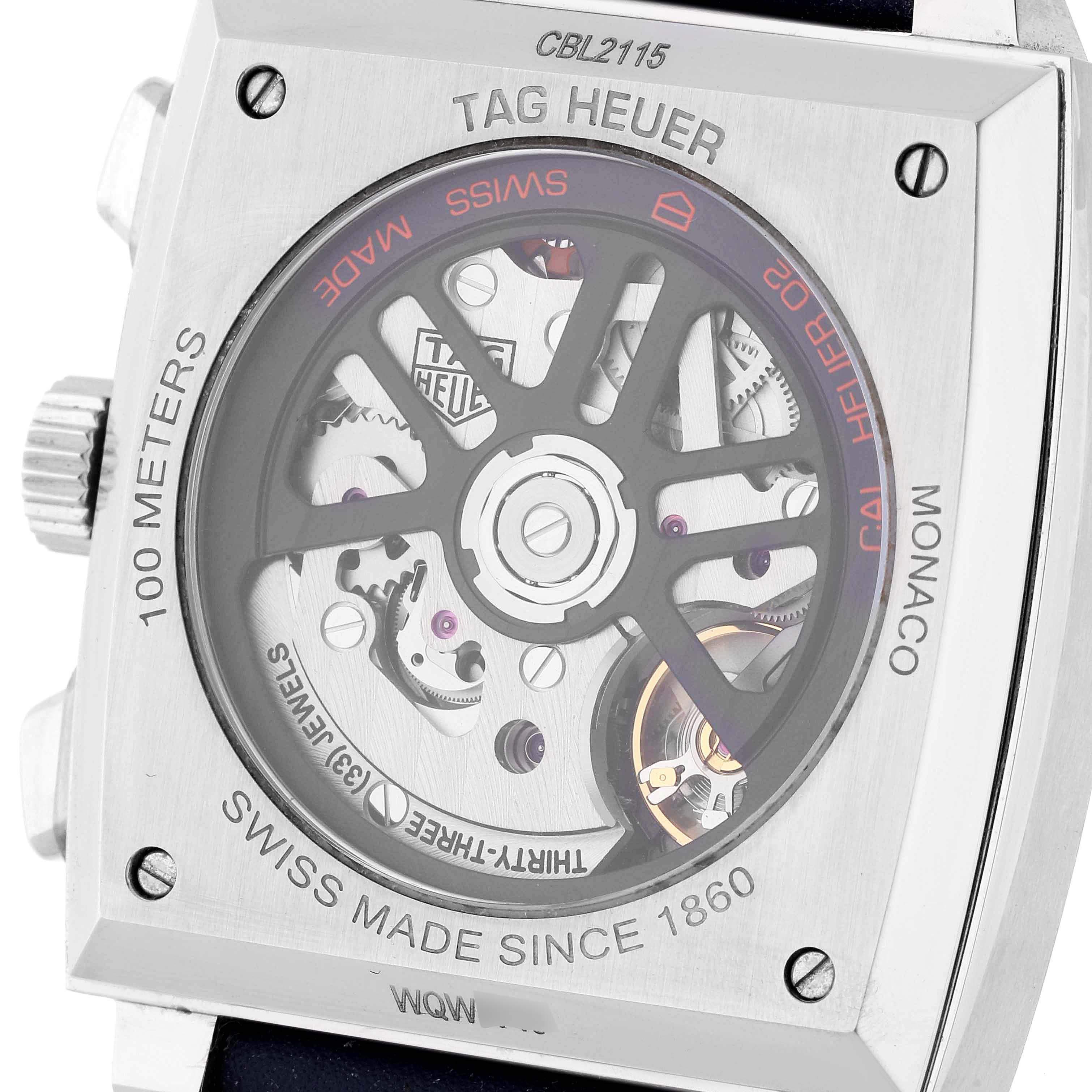 The image shows the back case of the Tag Heuer Monaco CBL2115.FC6494 Men's Stainless Steel Blue Dial CBL2115.FC6494 Men's Stainless Steel Blue Dial model, featuring its internal mechanics visible through a transparent case back.